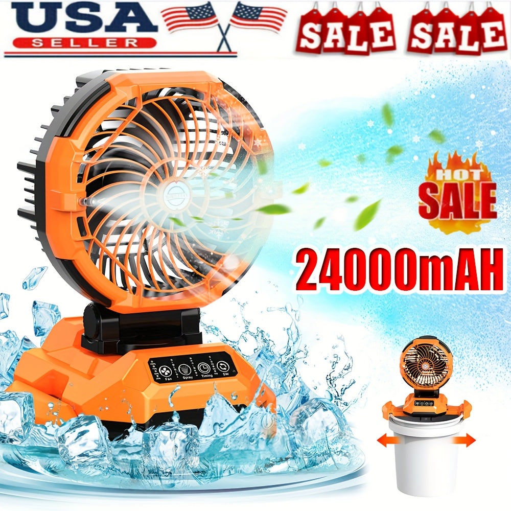 Battery Powered Fan With Misting, 24000mAh Rechargeable Camping Fan, Strong Spray Mister, 4 Speed With Timer, Auto Oscillation Portable Fan With Retractable Base For Outdoor Sport Beach Travel Patio Porch