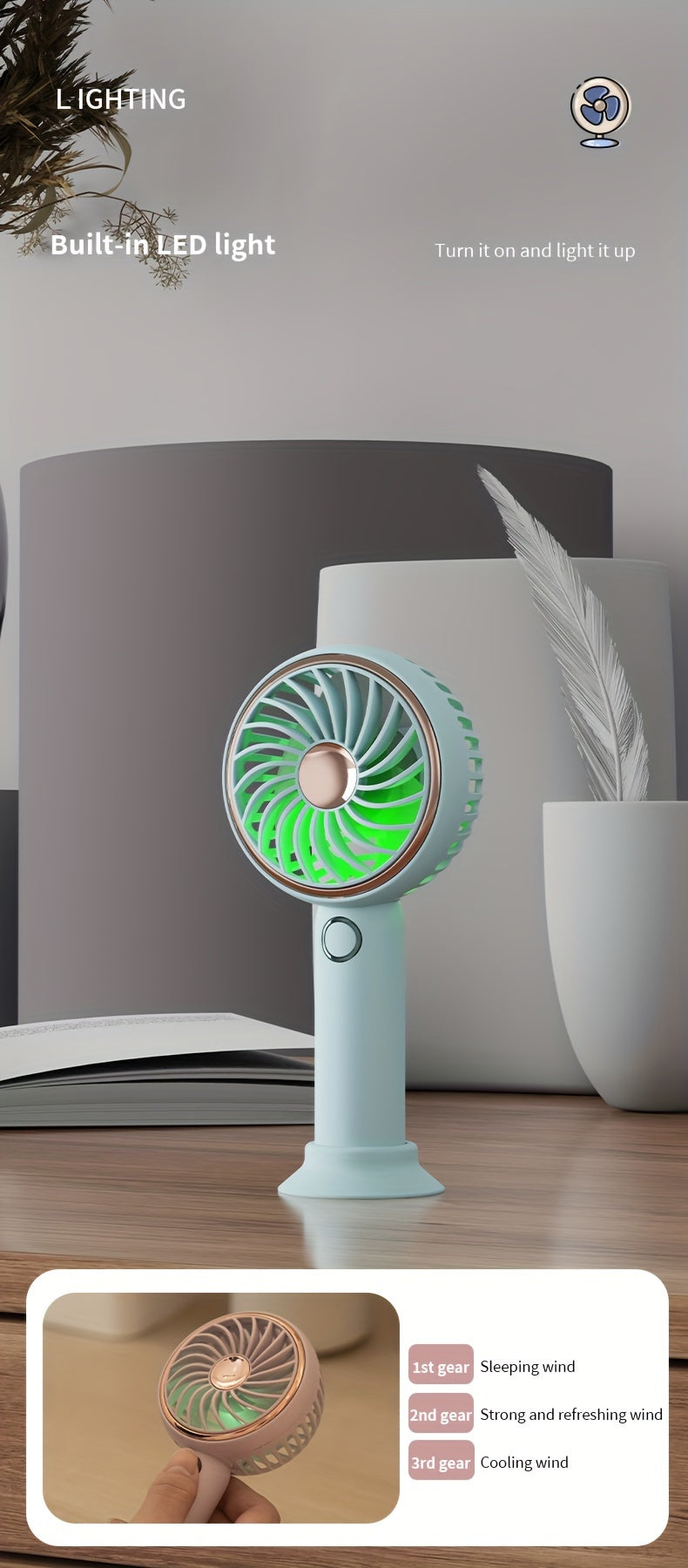 Small Fan, Handheld Portable Fan With LED Light, USB Rechargeable, Long-lasting Battery Life, Silent, Suitable For Office Desktop