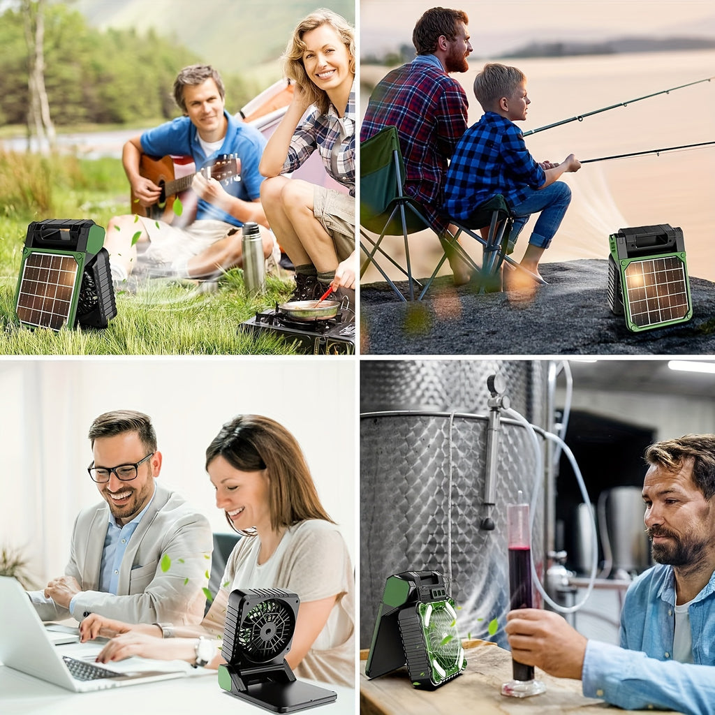 Solar Powered Camping Fan With LED Lantern, 4 Speeds Powerful Wind Rechargeable Battery Operated Portable Fan, 90° Folding Desk Fan With Timer Power Bank For Outdoor Travel Tent Personal Fan