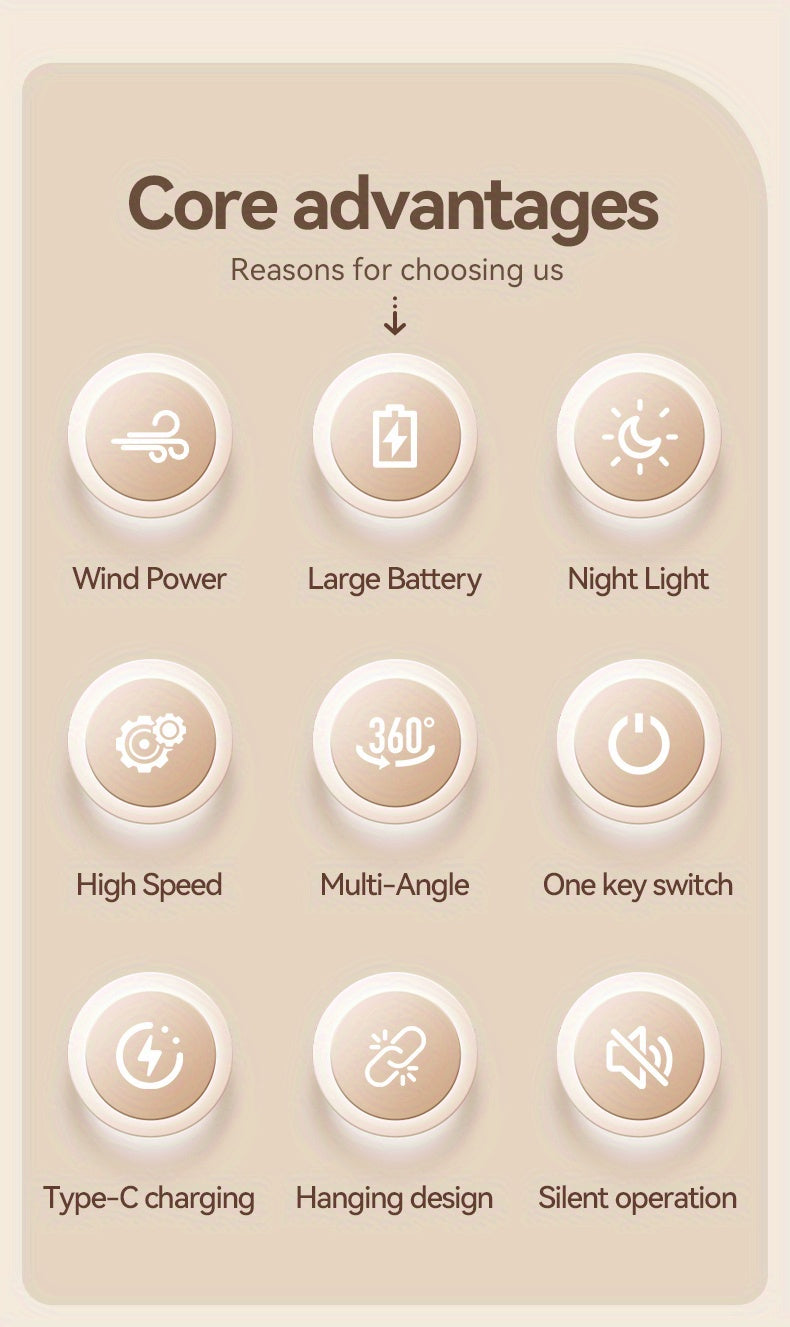 Remote Control Camping Fan with LED Night Light - Rechargeable USB Portable Fan for Tent & Outdoor, 270° Rotation, 3 Light Modes, Sleep Timer, Hanging Hook