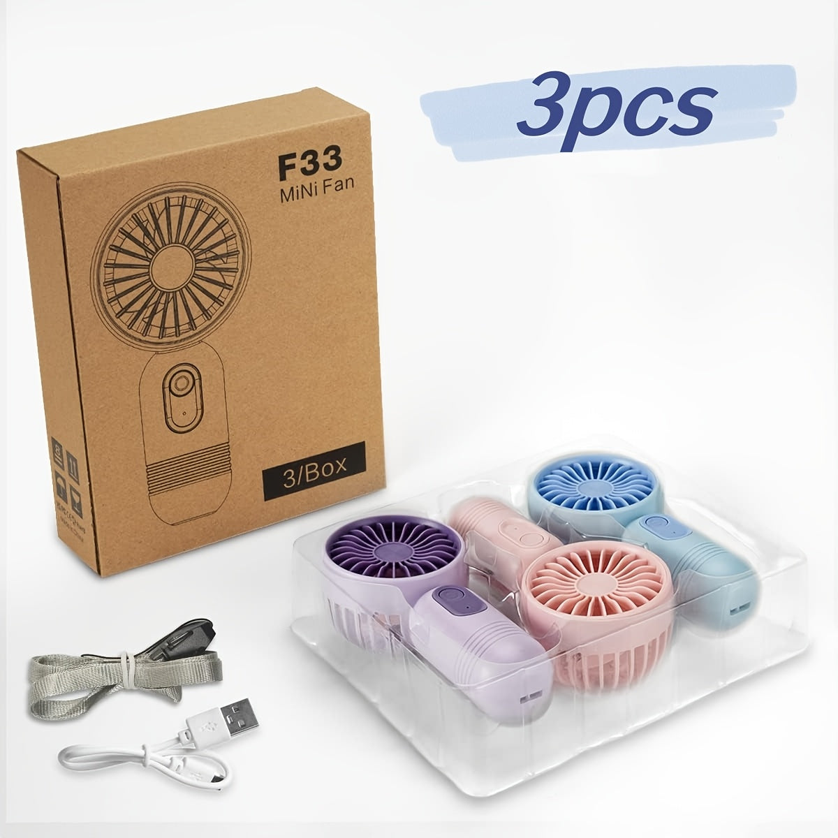3-pack Portable Mini Fan Handheld Personal Small Fan With 3-speed For Travel, Rechargeable Portable Fan, Long-lasting Rechargeable Fan, Rechargeable Fan, USB Rechargeable Battery Operated Eyelash Fan