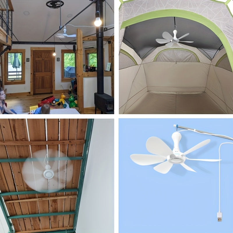 6-Blade Quiet USB Ceiling Fan - Portable Hanging Mini Fan with Remoteless Design for Camping, Dorms, Tents - Compact & Powerful Cooling with USB-Powered 6-Blade Fan, Dorm Room Cooling, Minimalist Fan, Portable Fan