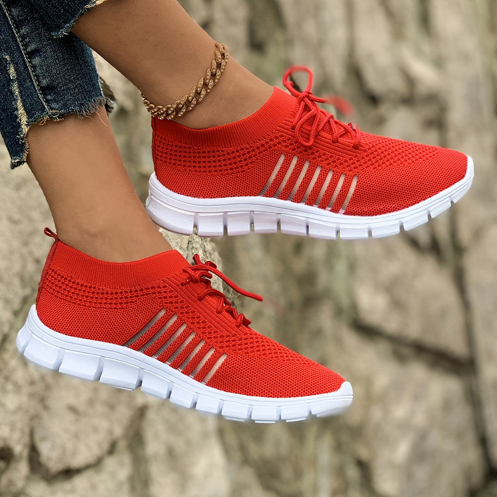 Women's Lightweight Knit Sneakers, Breathable Low-Top Lace-Up Casual Running Footwear, Fabric Upper and PU Cover Sole, Vibrant Color Sneakers, Versatile Running Shoes
