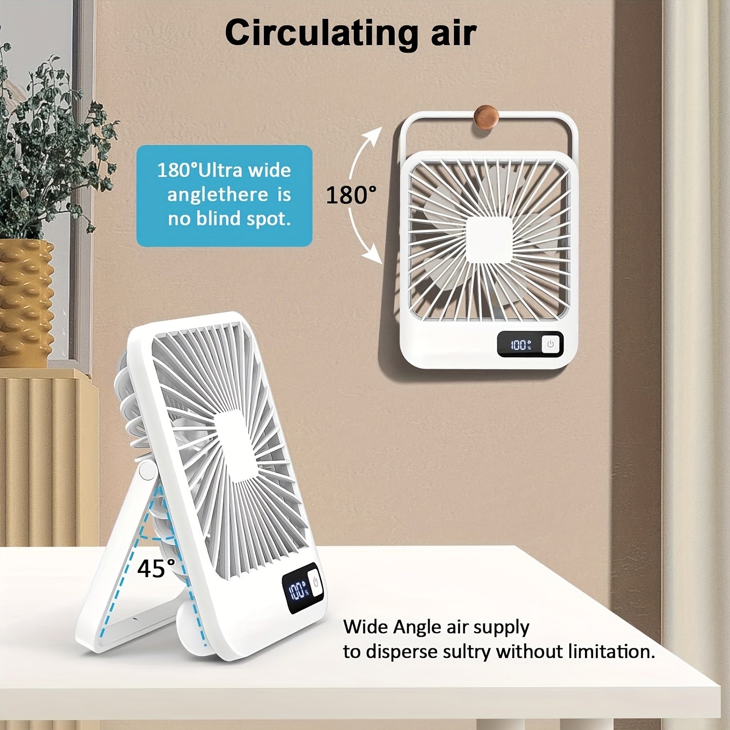 YITUMU Mini Desktop Fan, USB Charging Portable Fan, Square Shape, 1800mAh Rechargeable Cruise Fan, Powerful Wind, 5 Gears Portable Cooling Fan, Quiet Operation, Suitable For Home, Office, Car And Outdoor Travel