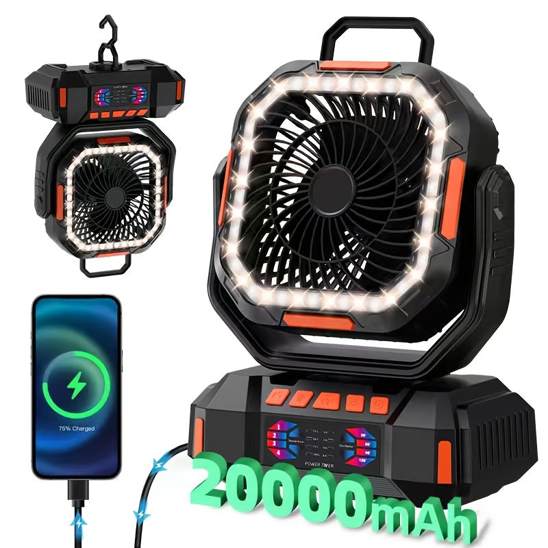 40000mAh Portable LED Camping Fan with Built-in Light - USB Rechargeable Outdoor Cooling Fan Tent, Hiking, Fishing - Sturdy And Compact Design, Green And Orange, Essential for Hiking, Sturdy Handle Function, Camping Accessory