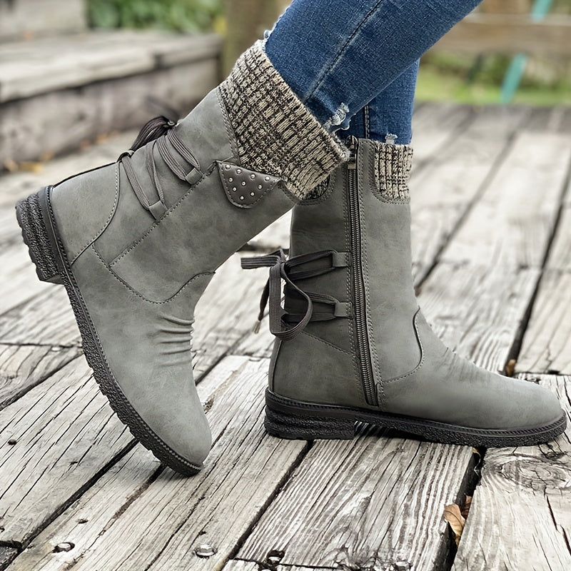Vintage Classic Elegant 's Mid-Calf Boots. Elastic Collar Design, Lace-Up Adjustable for Plus Size s. Multiple Colors Available: Grey, Black, Khaki, Blue, Purple Womens Shoes.Cute Round Toe Slip On Autumn Ankle Boots, Lovely
