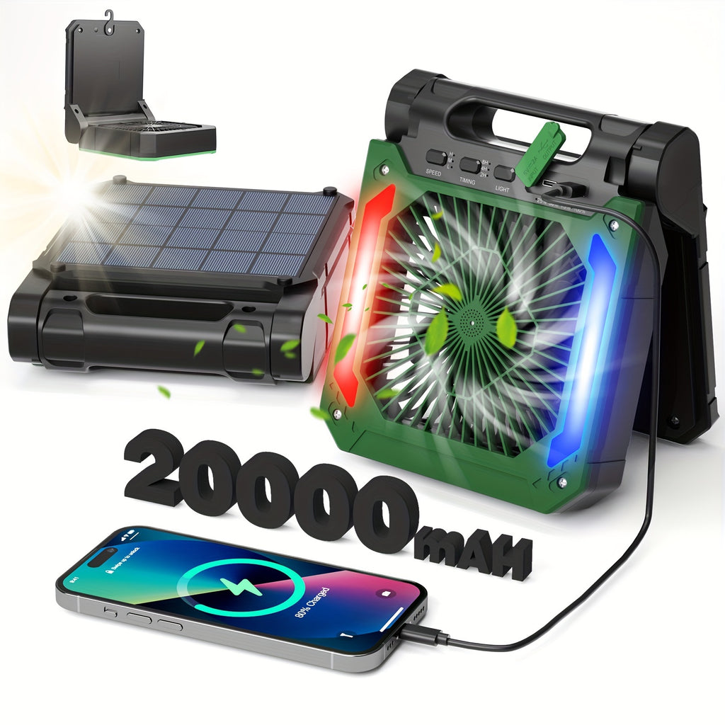 20000mAh Solar Powered Camping Fan with LED Lantern, 3 Speeds Cordless Battery, Portable Fan with Timer & Hanging Hook for Tent, Worksite, Quiet Desk Fan