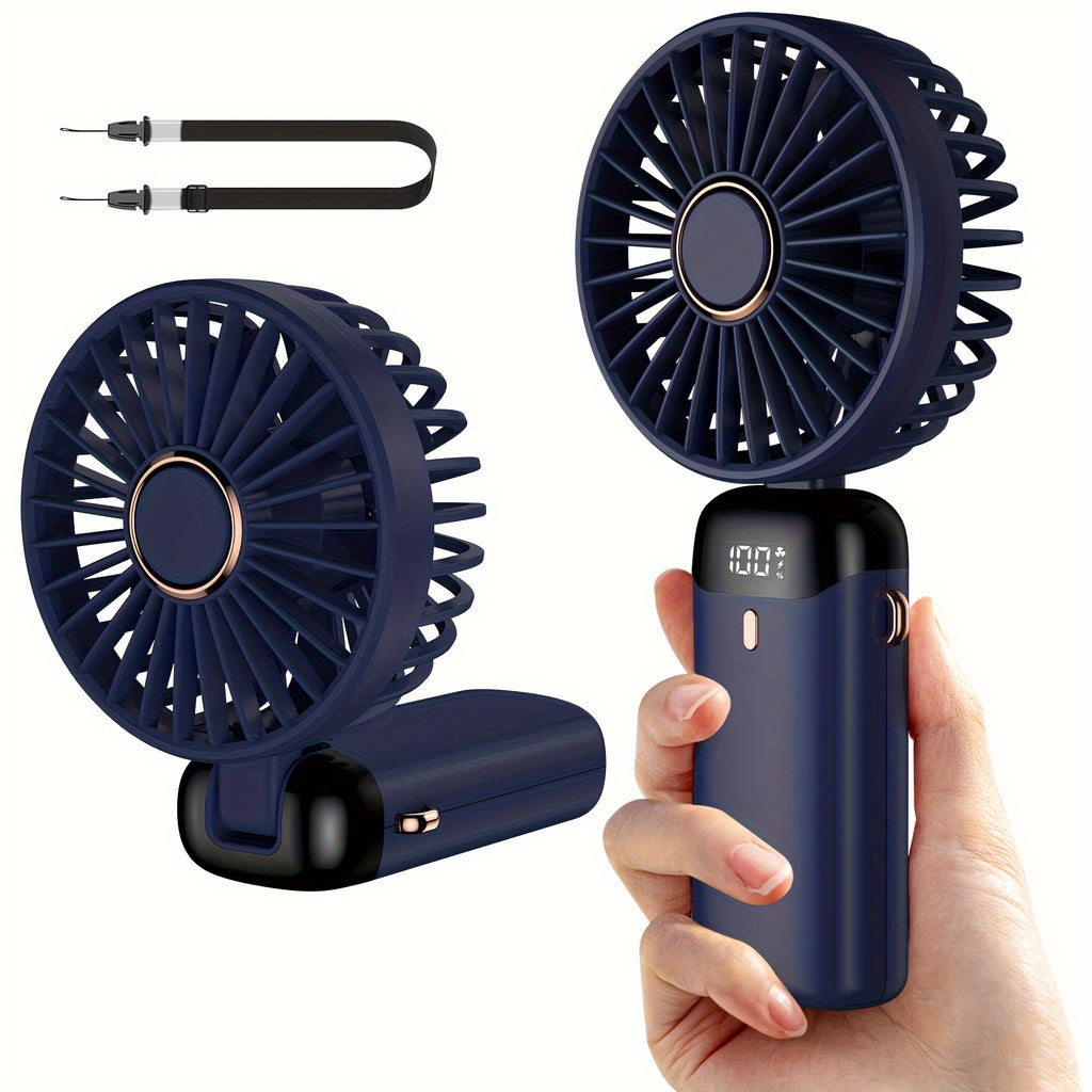 1pc Mini Portable Fan, Handheld Fan Personal Mini Fan USB Rechargeable With 5 Speeds, 90° Foldable Battery Operated Mini Fan With LED Display, Desk Fan Working Time For Office Bedroom Outdoor Travel Camping Back To School Su