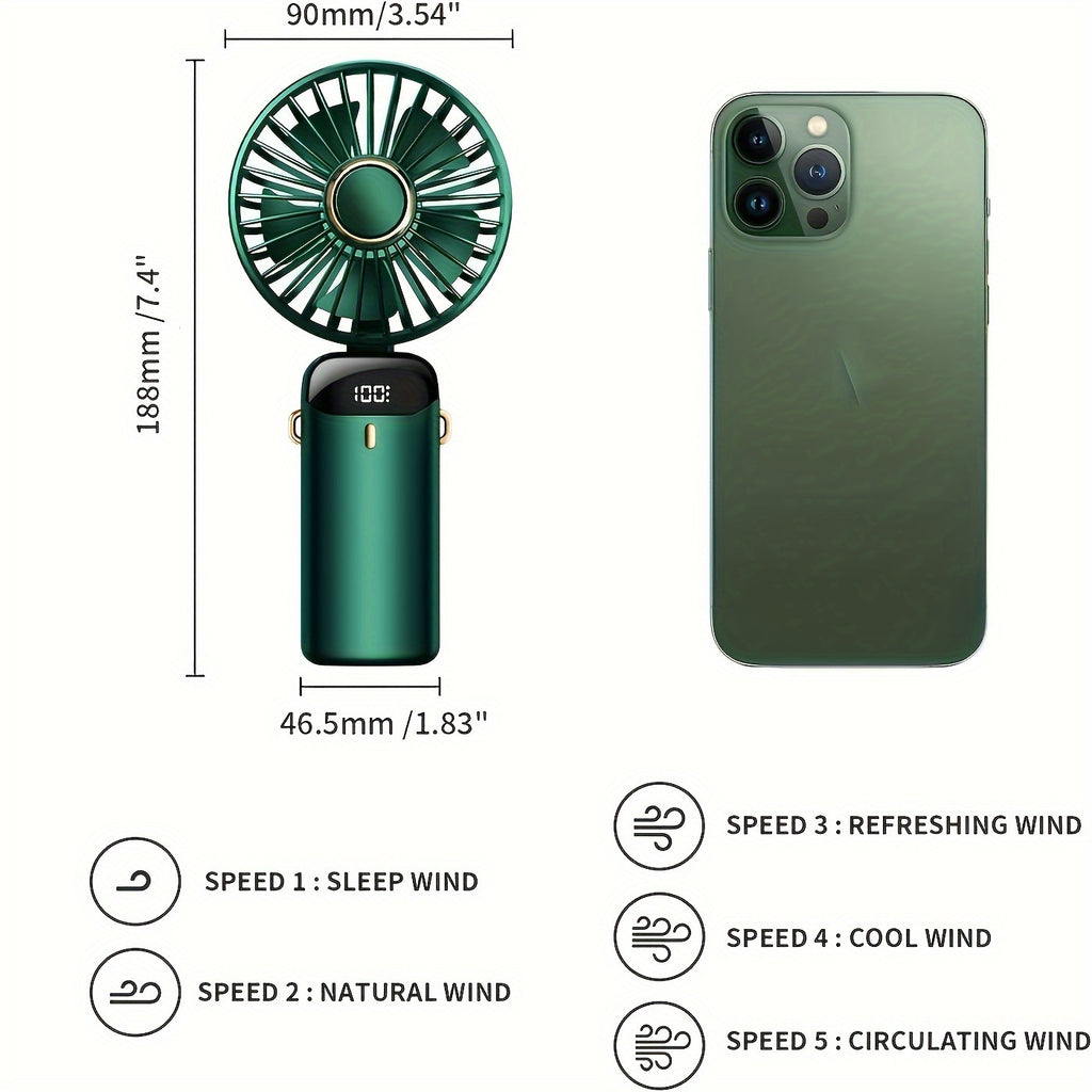 1pc Mini Portable Fan, Handheld Fan Personal Mini Fan USB Rechargeable With 5 Speeds, 90° Foldable Battery Operated Mini Fan With LED Display, Desk Fan Working Time For Office Bedroom Outdoor Travel Camping Back To School Su