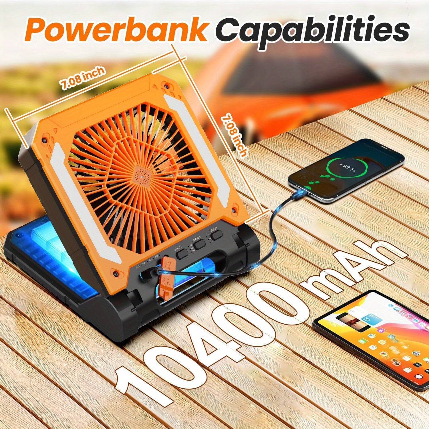 20000mAh Rechargeable Solar Powered Portable Fan with Led Lantern, 3 Speeds Cordless Battery Operated Camping Fan with PowerBank, Timer, Hangble & Quiet Desk Fan for Tent Hurricane Worksite (Orange)