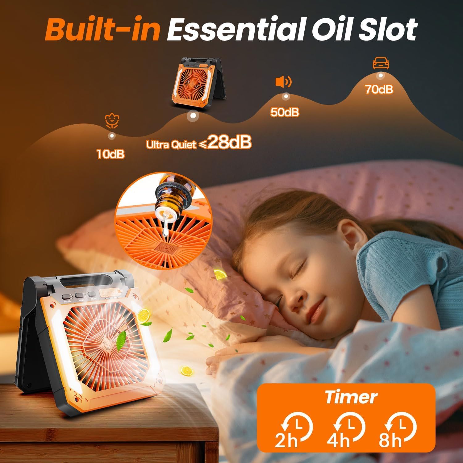 20000mAh Rechargeable Solar Powered Portable Fan with Led Lantern, 3 Speeds Cordless Battery Operated Camping Fan with PowerBank, Timer, Hangble & Quiet Desk Fan for Tent Hurricane Worksite (Orange)