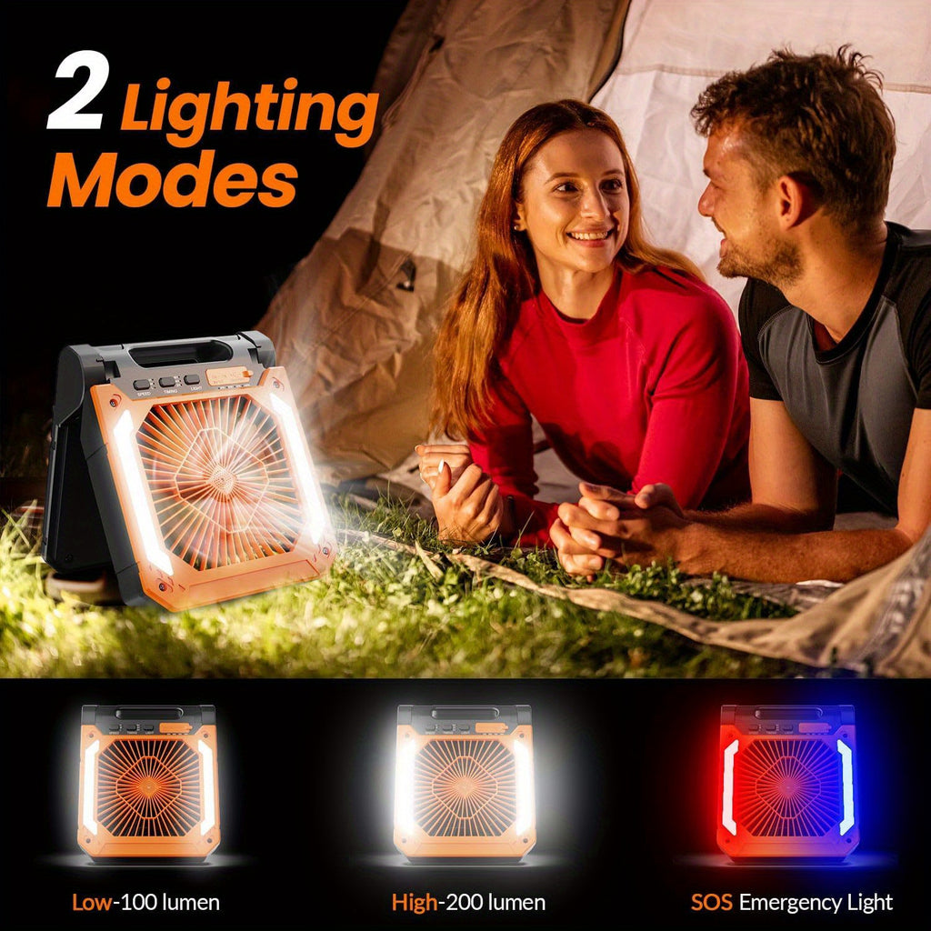 20000mAh Rechargeable Solar Powered Portable Fan with Led Lantern, 3 Speeds Cordless Battery Operated Camping Fan with PowerBank, Timer, Hangble & Quiet Desk Fan for Tent Hurricane Worksite (Orange)