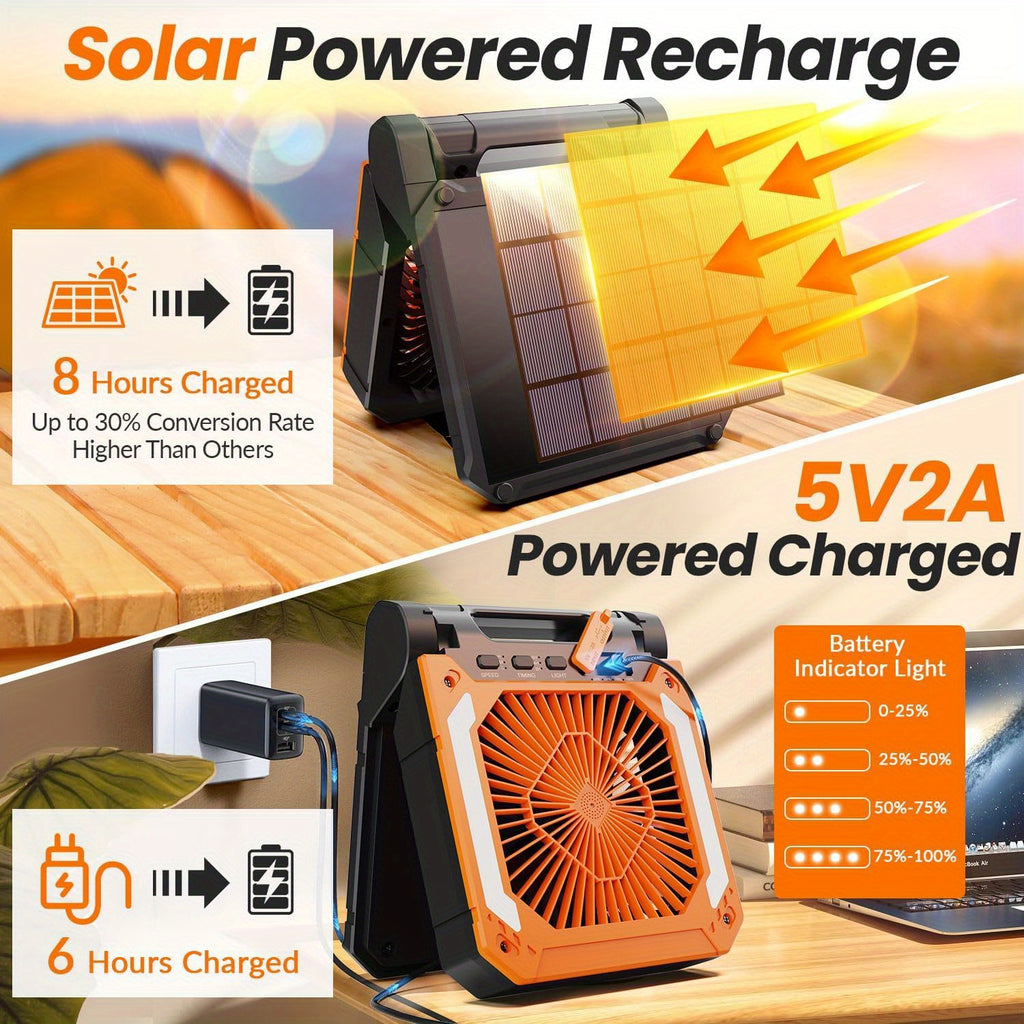 20000mAh Rechargeable Solar Powered Portable Fan with Led Lantern, 3 Speeds Cordless Battery Operated Camping Fan with PowerBank, Timer, Hangble & Quiet Desk Fan for Tent Hurricane Worksite (Orange)