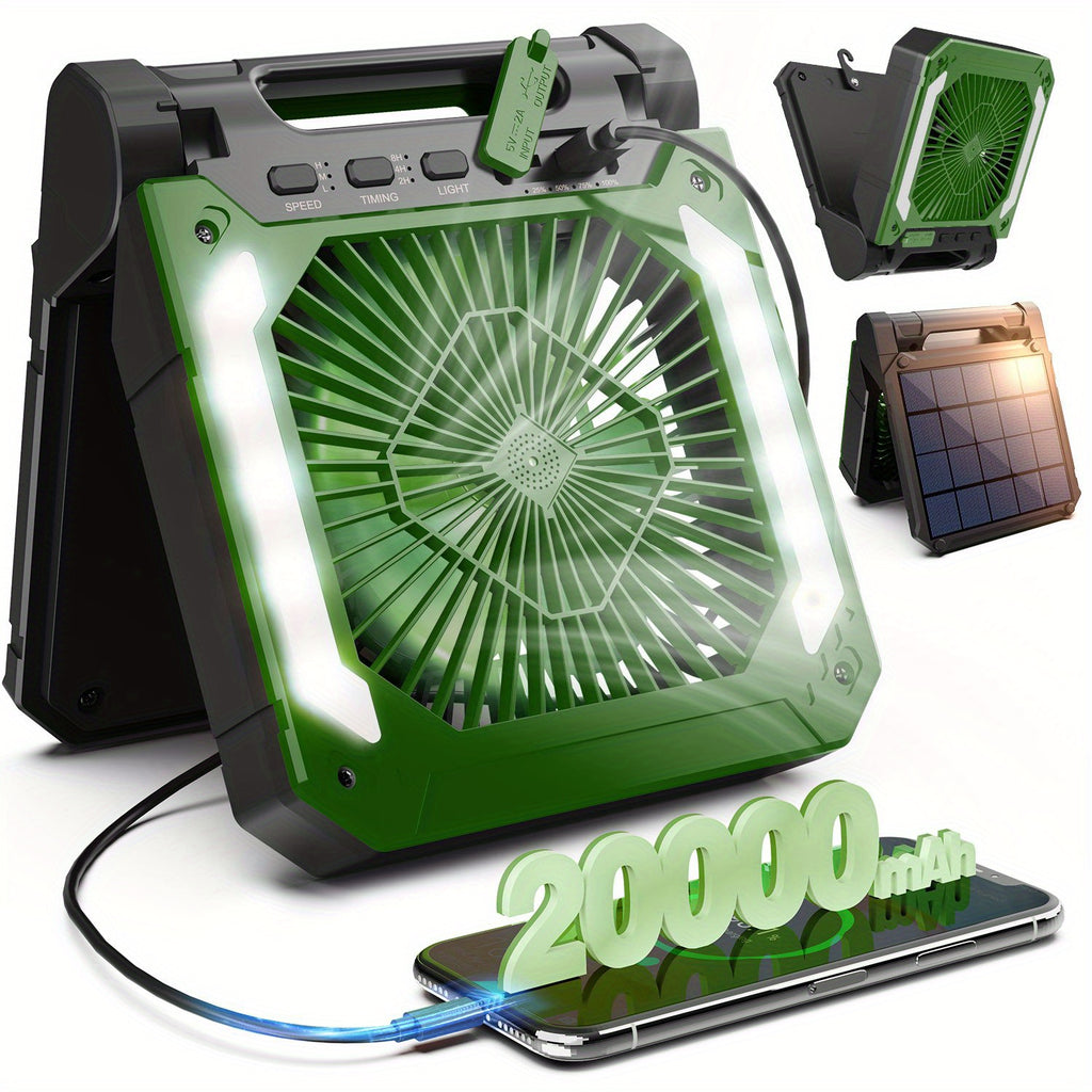 20000mAh Rechargeable Solar Powered Portable Fan with Led Lantern, 3 Speeds Cordless Battery Operated Camping Fan with PowerBank, Timer, Hangble & Quiet Desk Fan for Tent Hurricane Worksite (Orange)