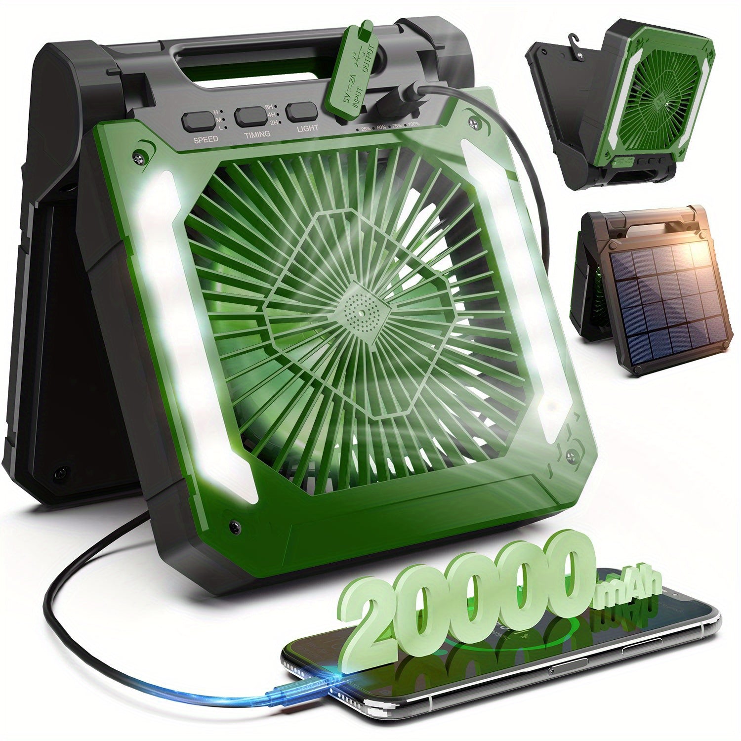 20000mAh Rechargeable Solar Powered Portable Fan with Led Lantern, 3 Speeds Cordless Battery Operated Camping Fan with PowerBank, Timer, Hangble & Quiet Desk Fan for Tent Hurricane Worksite (Orange)