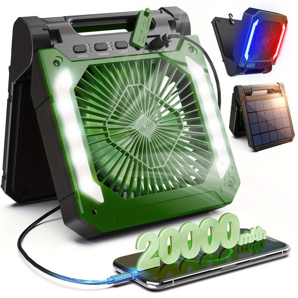 20000mAh Rechargeable Solar Powered Portable Fan with Led Lantern, 3 Speeds Cordless Battery Operated Camping Fan with PowerBank, Timer, Hangble & Quiet Desk Fan for Tent Hurricane Worksite (Orange)