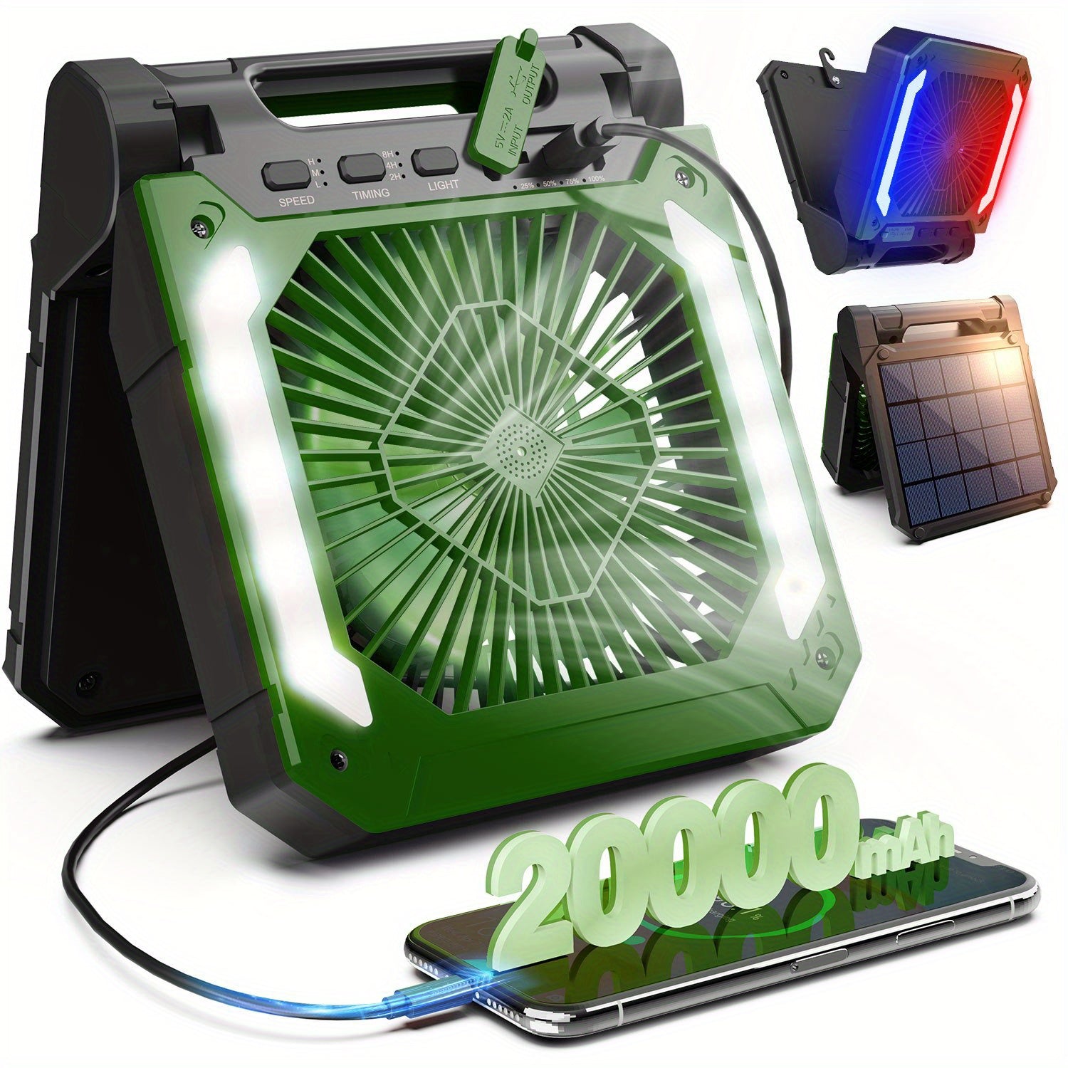 20000mAh Rechargeable Solar Powered Portable Fan with Led Lantern, 3 Speeds Cordless Battery Operated Camping Fan with PowerBank, Timer, Hangble & Quiet Desk Fan for Tent Hurricane Worksite (Orange)