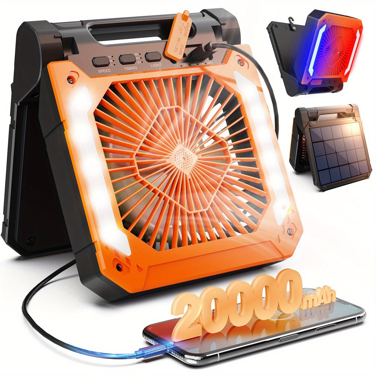 20000mAh Rechargeable Solar Powered Portable Fan with Led Lantern, 3 Speeds Cordless Battery Operated Camping Fan with PowerBank, Timer, Hangble & Quiet Desk Fan for Tent Hurricane Worksite (Orange)