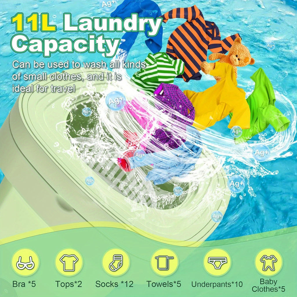 Mini and Compact Washing Machine, 11L and Foldable Mini Washer with 3 Modes Deep Cleaning of Underwear, Baby Clothes and Socks, Mini Washing Machine for Apartments, Dorm, Camping, Travel Laundry