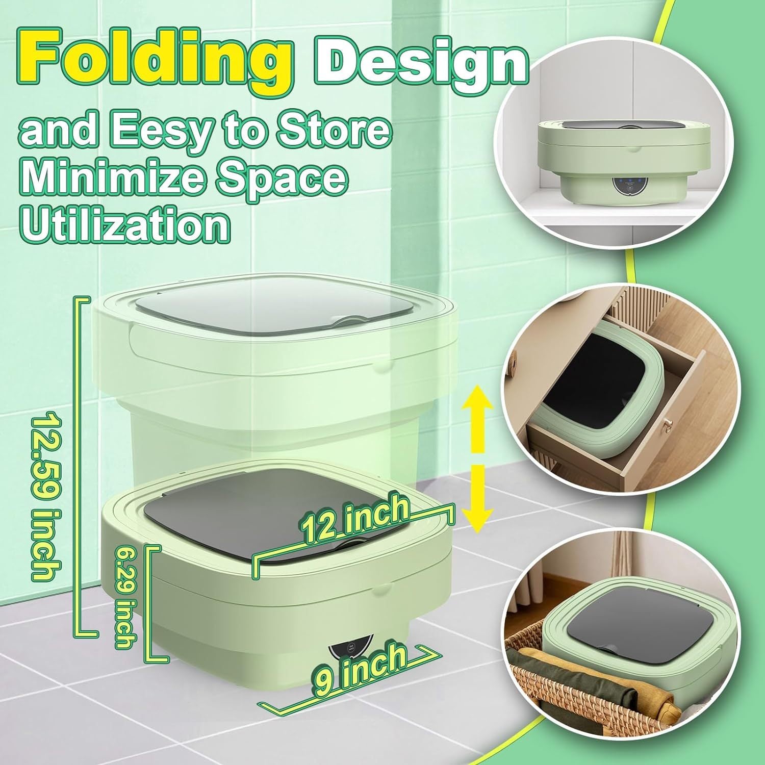 Mini and Compact Washing Machine, 11L and Foldable Mini Washer with 3 Modes Deep Cleaning of Underwear, Baby Clothes and Socks, Mini Washing Machine for Apartments, Dorm, Camping, Travel Laundry