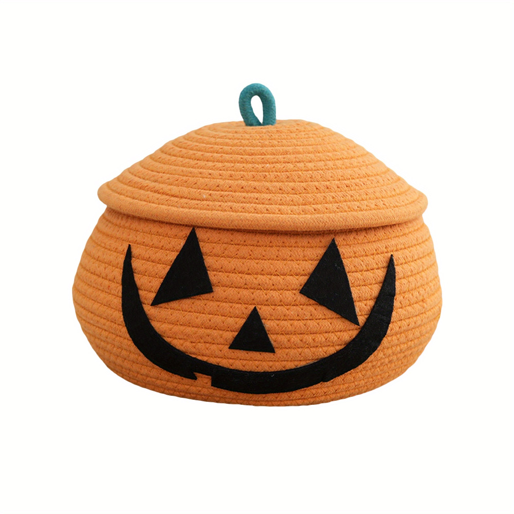 Halloween Candy Bags, Halloween Pumpkin Baskets Decorative Empty Rope Woven Baskets Storage Bins with Lids for Towels, Toys, Baby Clothes Size 7.9 * 10 Inches
