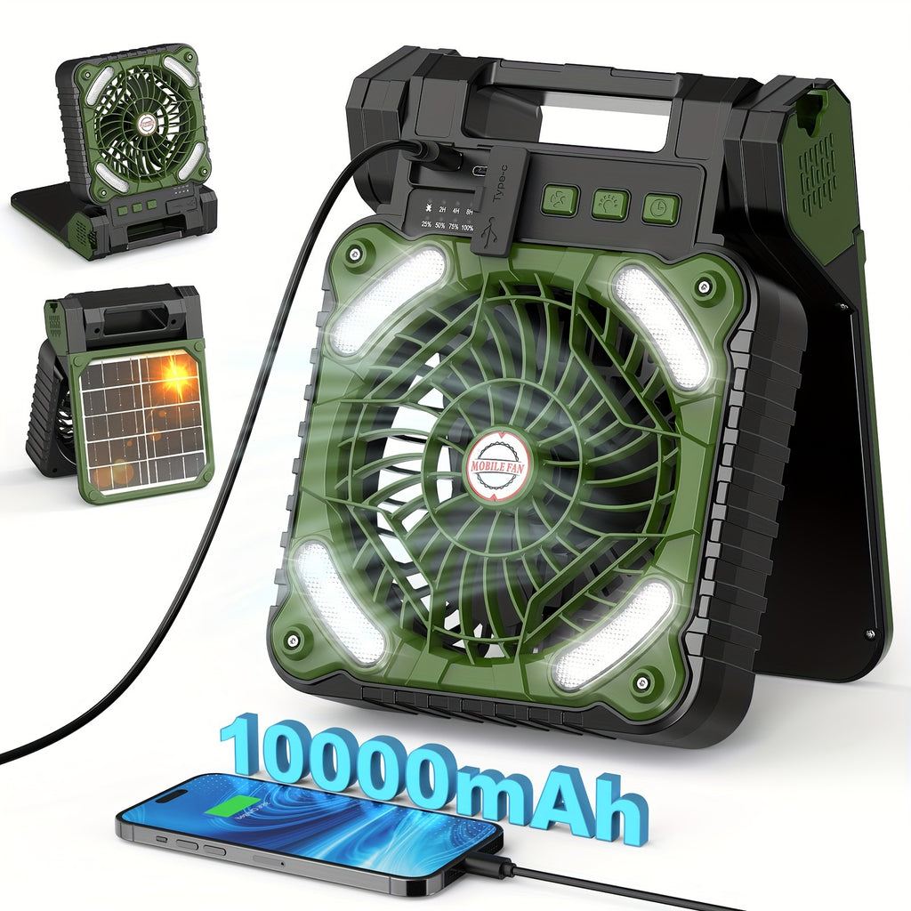 10000-20000mAh Solar Powered Camping Fan with LED Lantern, 4 Speeds Powerful Wind Rechargeable Battery Operated Portable Fan, Cordless Desk Cooling Fan with 3 Timer & PowerBank for Travel Tent Worksite