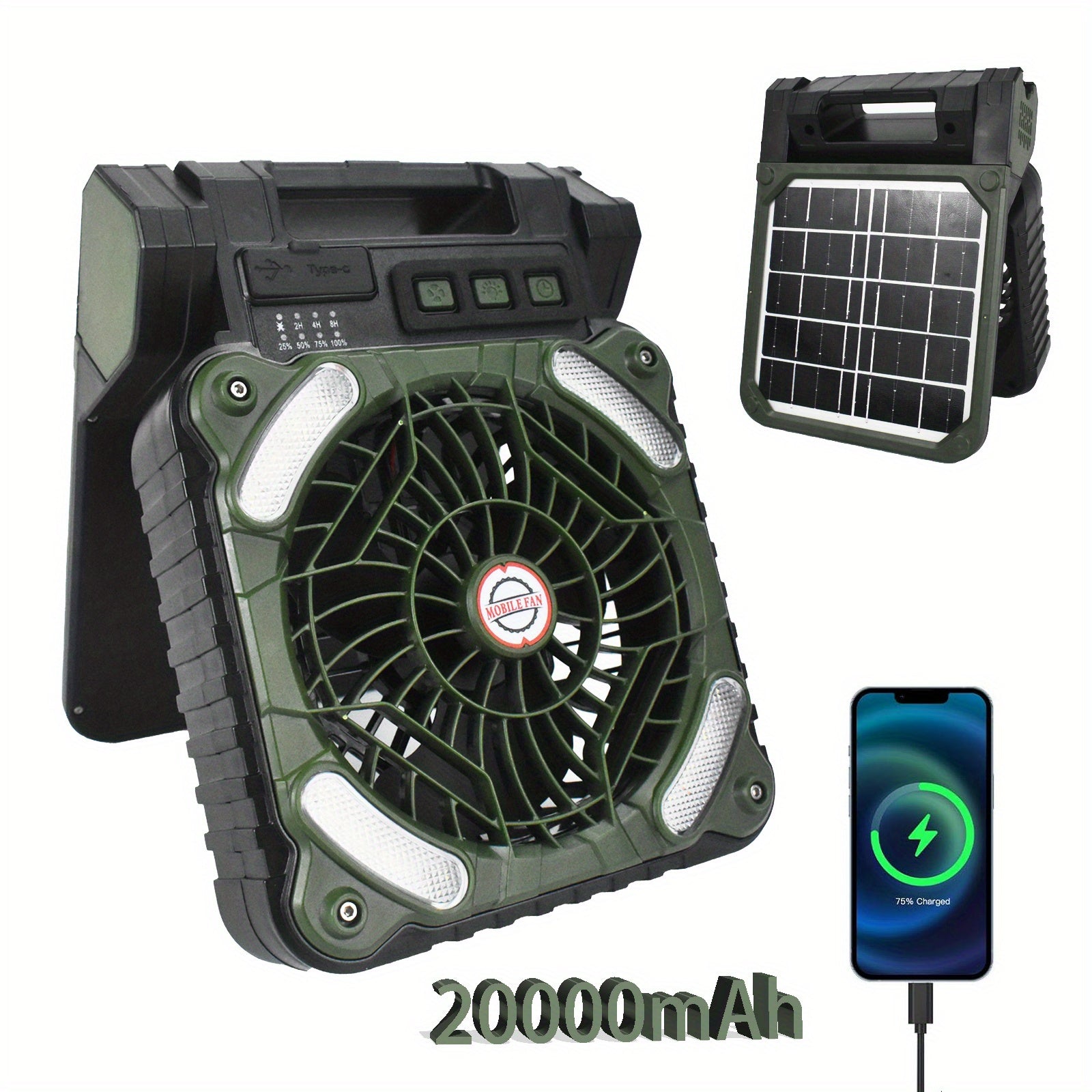10000-20000mAh Solar Powered Camping Fan with LED Lantern, 4 Speeds Powerful Wind Rechargeable Battery Operated Portable Fan, Cordless Desk Cooling Fan with 3 Timer & PowerBank for Travel Tent Worksite