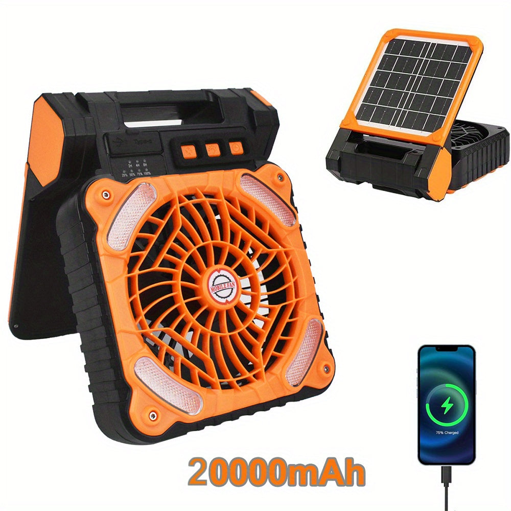 10000-20000mAh Solar Powered Camping Fan with LED Lantern, 4 Speeds Powerful Wind Rechargeable Battery Operated Portable Fan, Cordless Desk Cooling Fan with 3 Timer & PowerBank for Travel Tent Worksite