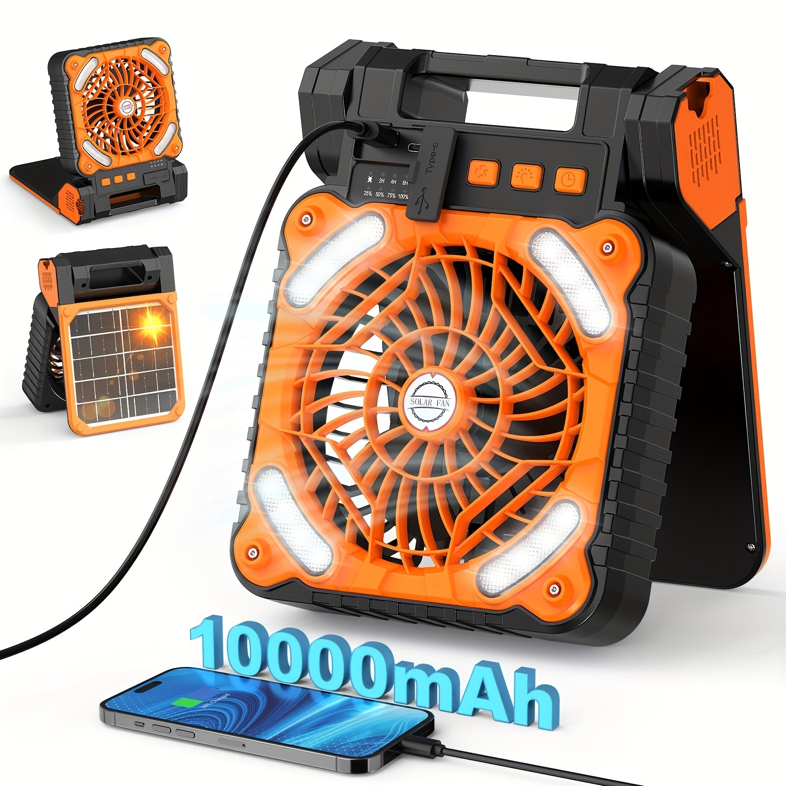 10000-20000mAh Solar Powered Camping Fan with LED Lantern, 4 Speeds Powerful Wind Rechargeable Battery Operated Portable Fan, Cordless Desk Cooling Fan with 3 Timer & PowerBank for Travel Tent Worksite