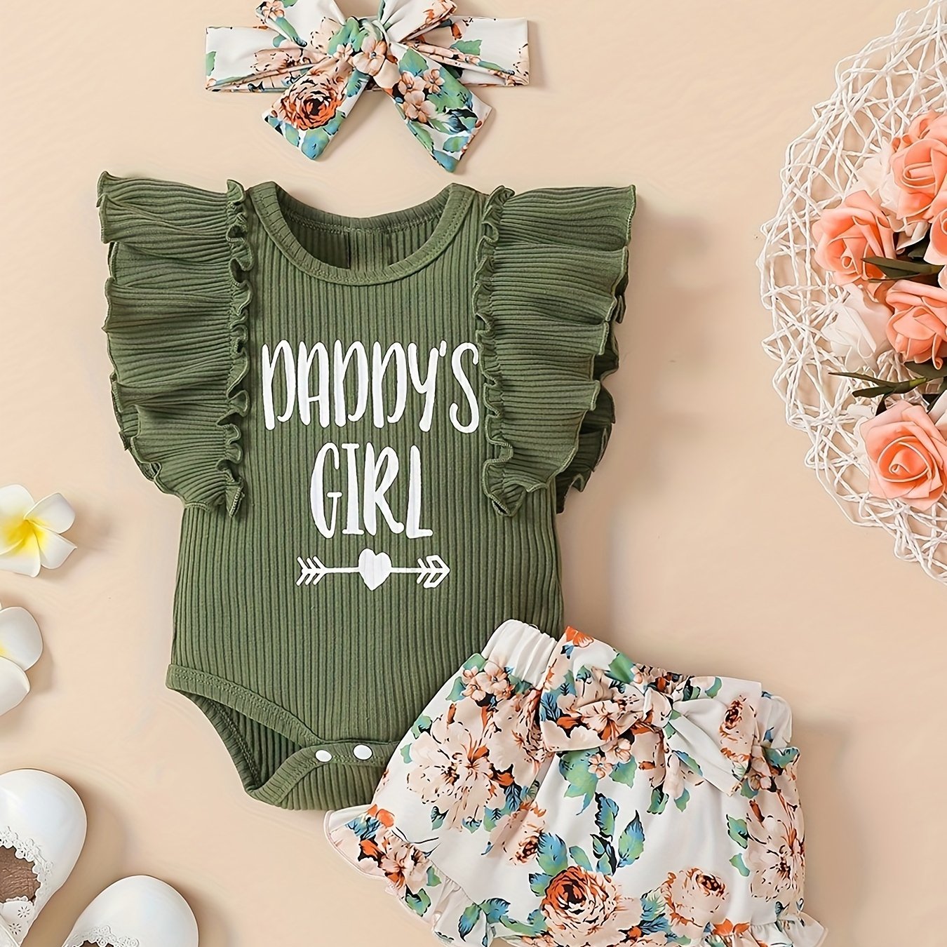 Happy's Girl Clothes Girl Newborn Baby Girl Outfits Short Sets, Sleeve Ribbed Romper Floral Shorts Clothes, Perfect for Outdoor,  Casual Baby Clothes, Floral Print, Cute Baby Outfits, Comfortable Fit, Breathable Material, Sho