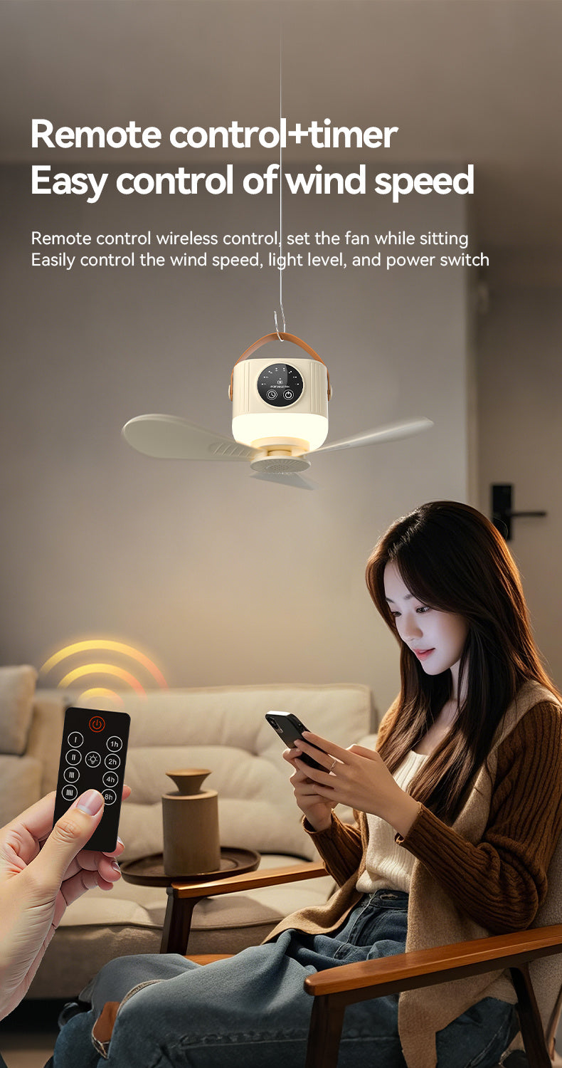 Remote Control Camping Fan with LED Night Light - Rechargeable USB Portable Fan for Tent & Outdoor, 270° Rotation, 3 Light Modes, Sleep Timer, Hanging Hook