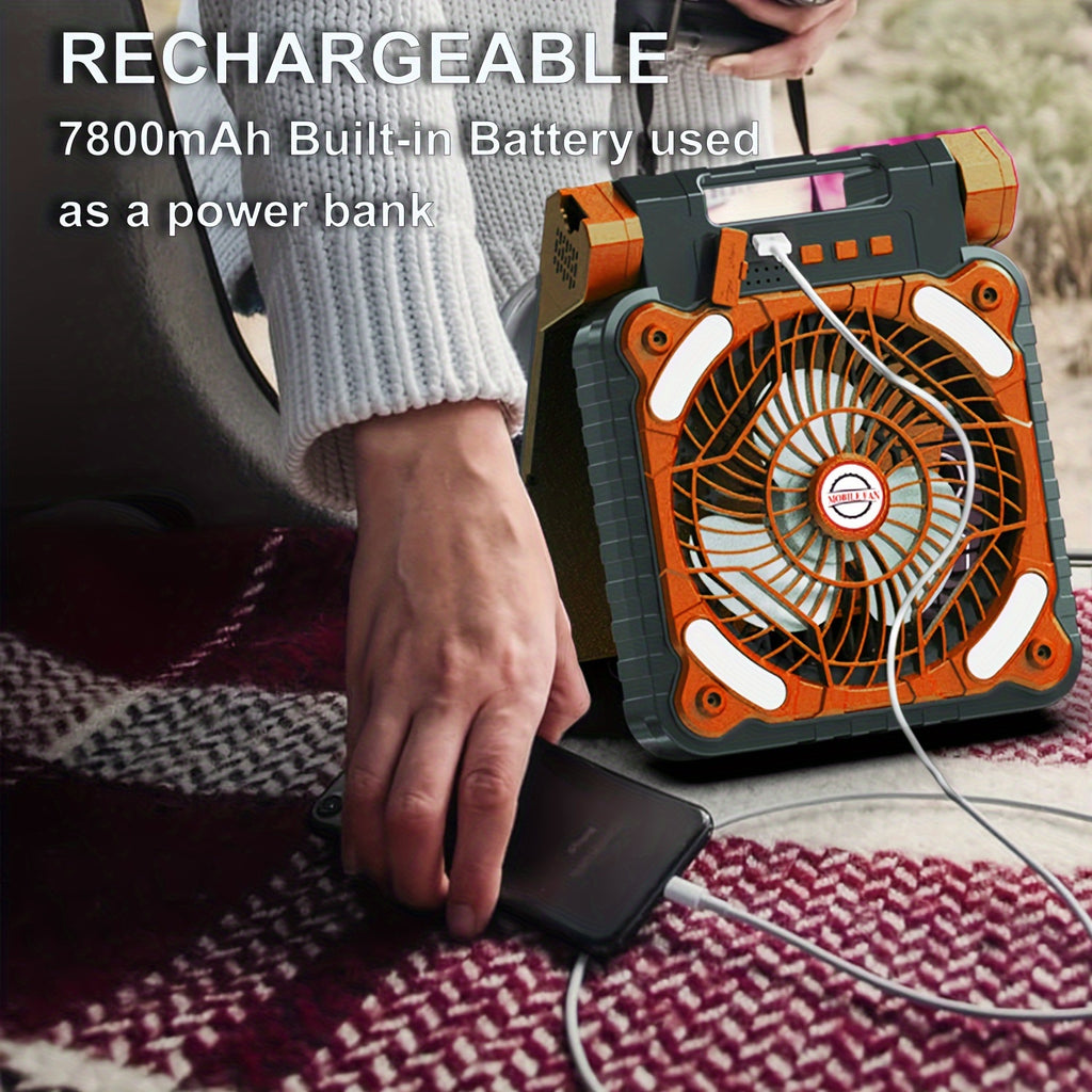 1pc, Solar Camping Fan Plus LED Lights, Portable Fan 7500mAh 30h Solar Dual Charging Desk Battery Powered Fan/timer/Hook Camping Essentials Accessories Tent Outdoor Fishing