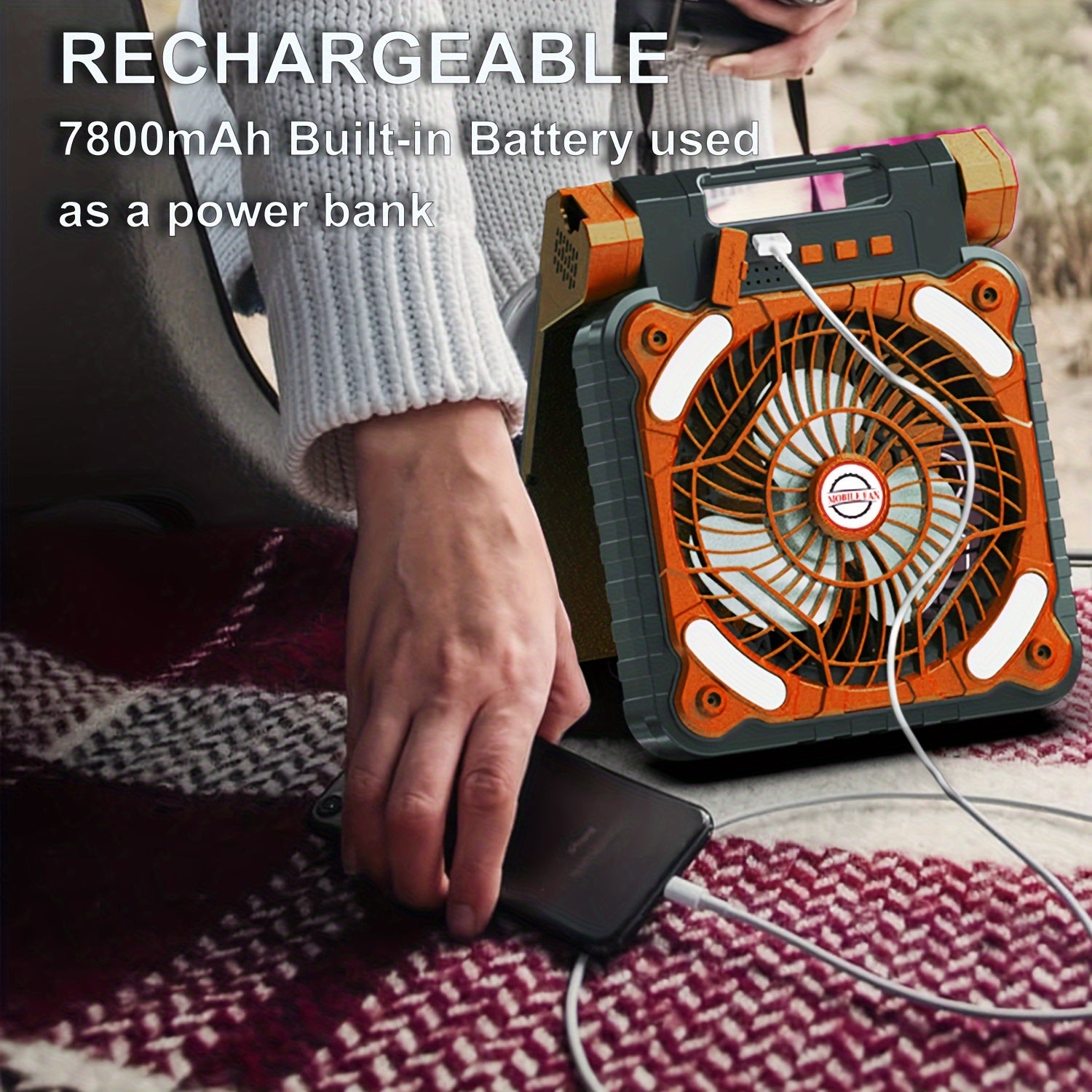 1pc, Solar Camping Fan Plus LED Lights, Portable Fan 7500mAh 30h Solar Dual Charging Desk Battery Powered Fan/timer/Hook Camping Essentials Accessories Tent Outdoor Fishing