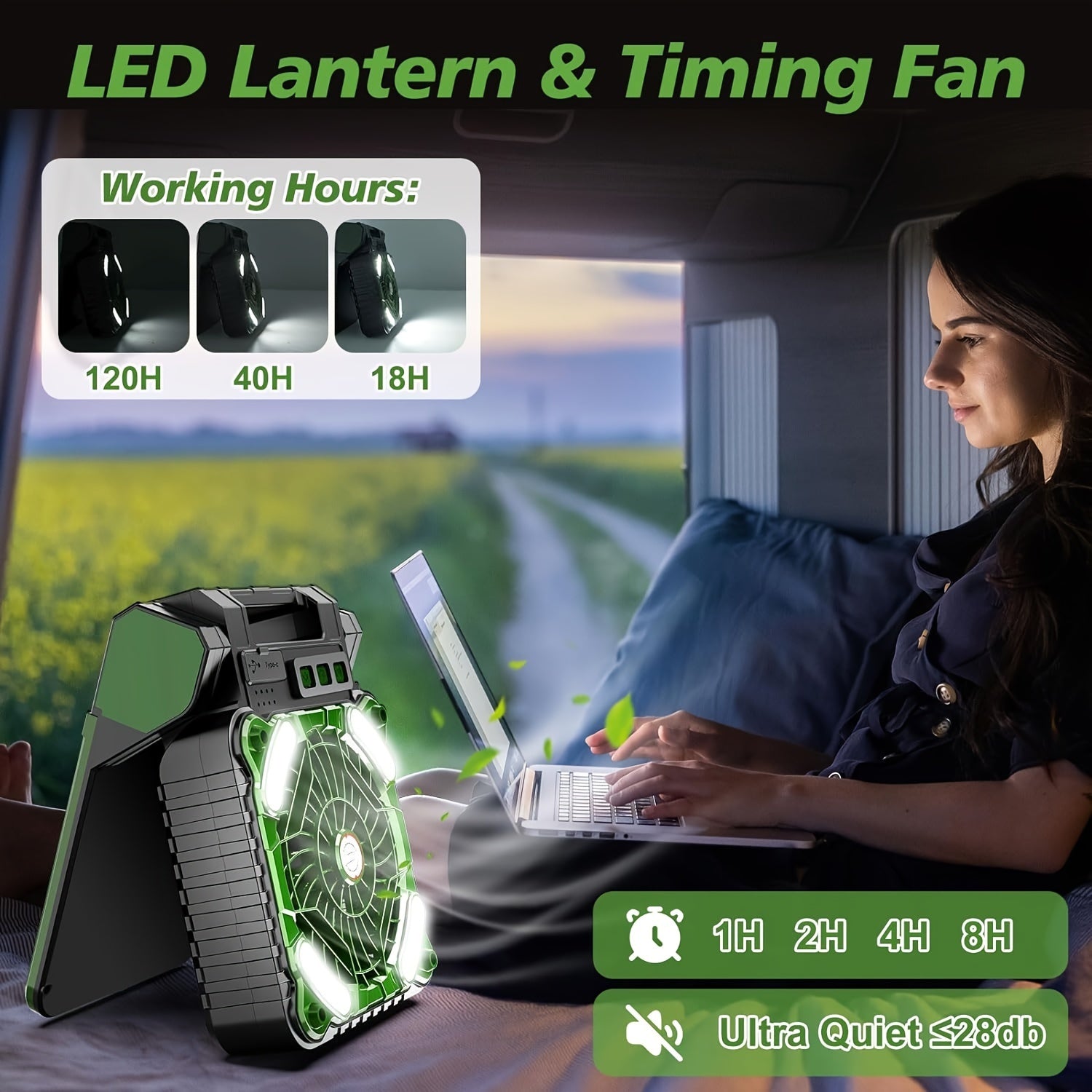 Solar Powered Camping Fan With LED Lantern, 4 Speeds Powerful Wind Rechargeable Battery Operated Portable Fan, 90° Folding Desk Fan With Timer Power Bank For Outdoor Travel Tent Personal Fan
