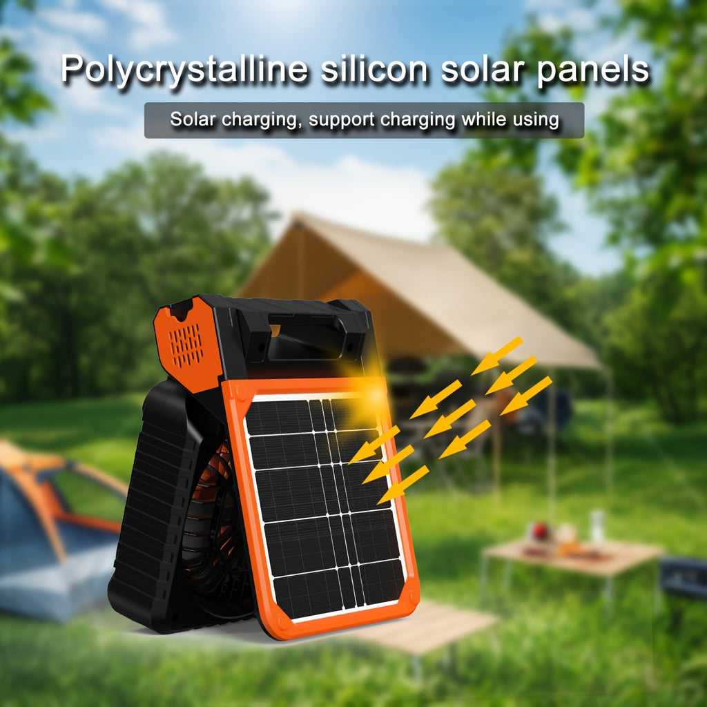 1pc, Solar Camping Fan Plus LED Lights, Portable Fan 7500mAh 30h Solar Dual Charging Desk Battery Powered Fan/timer/Hook Camping Essentials Accessories Tent Outdoor Fishing