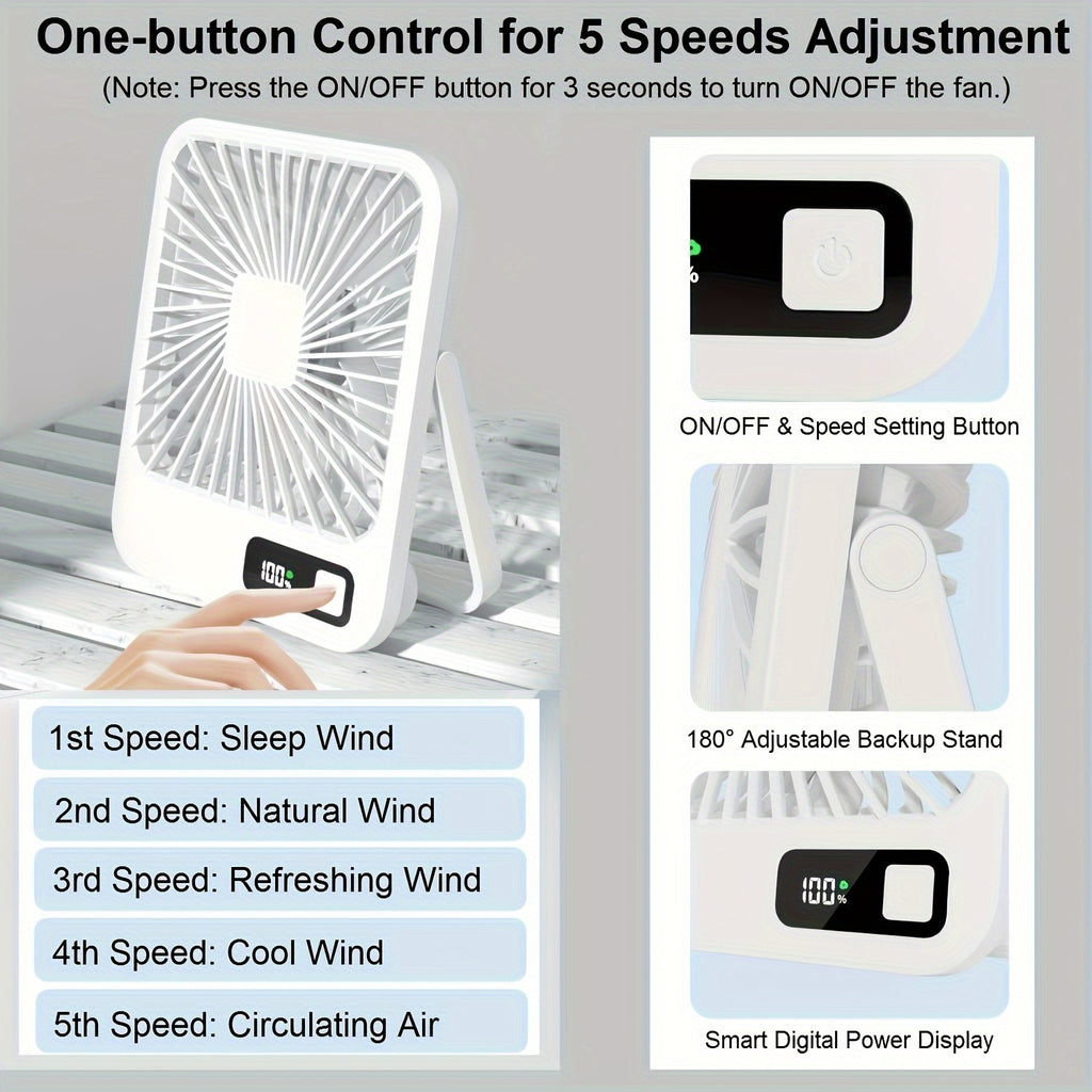 Wireless Fan Desk Fan Table Fan USB Portable FAN Ultra Quiet 2000mAh Battery Operated With Strong Wind, 180° Tilt Folding And 5 Speeds  Mini Personal Fan For Office Bedroom Travel Tent And Outdoor Summer, Cooling Portable Fa