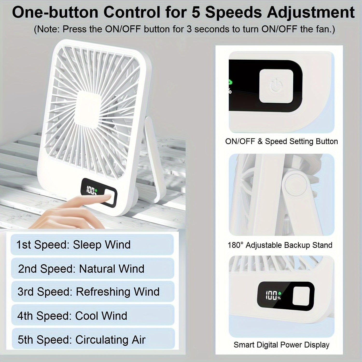 Wireless Fan Desk Fan Table Fan USB Portable FAN Ultra Quiet 2000mAh Battery Operated With Strong Wind, 180° Tilt Folding And 5 Speeds  Mini Personal Fan For Office Bedroom Travel Tent And Outdoor Summer, Cooling Portable Fa
