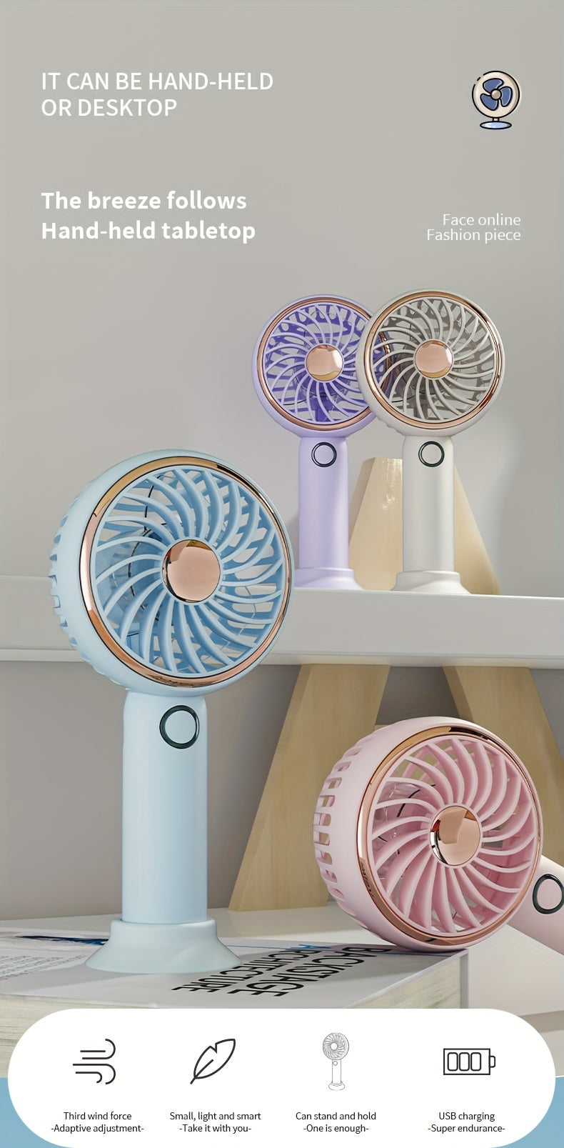 Small Fan, Handheld Portable Fan With LED Light, USB Rechargeable, Long-lasting Battery Life, Silent, Suitable For Office Desktop