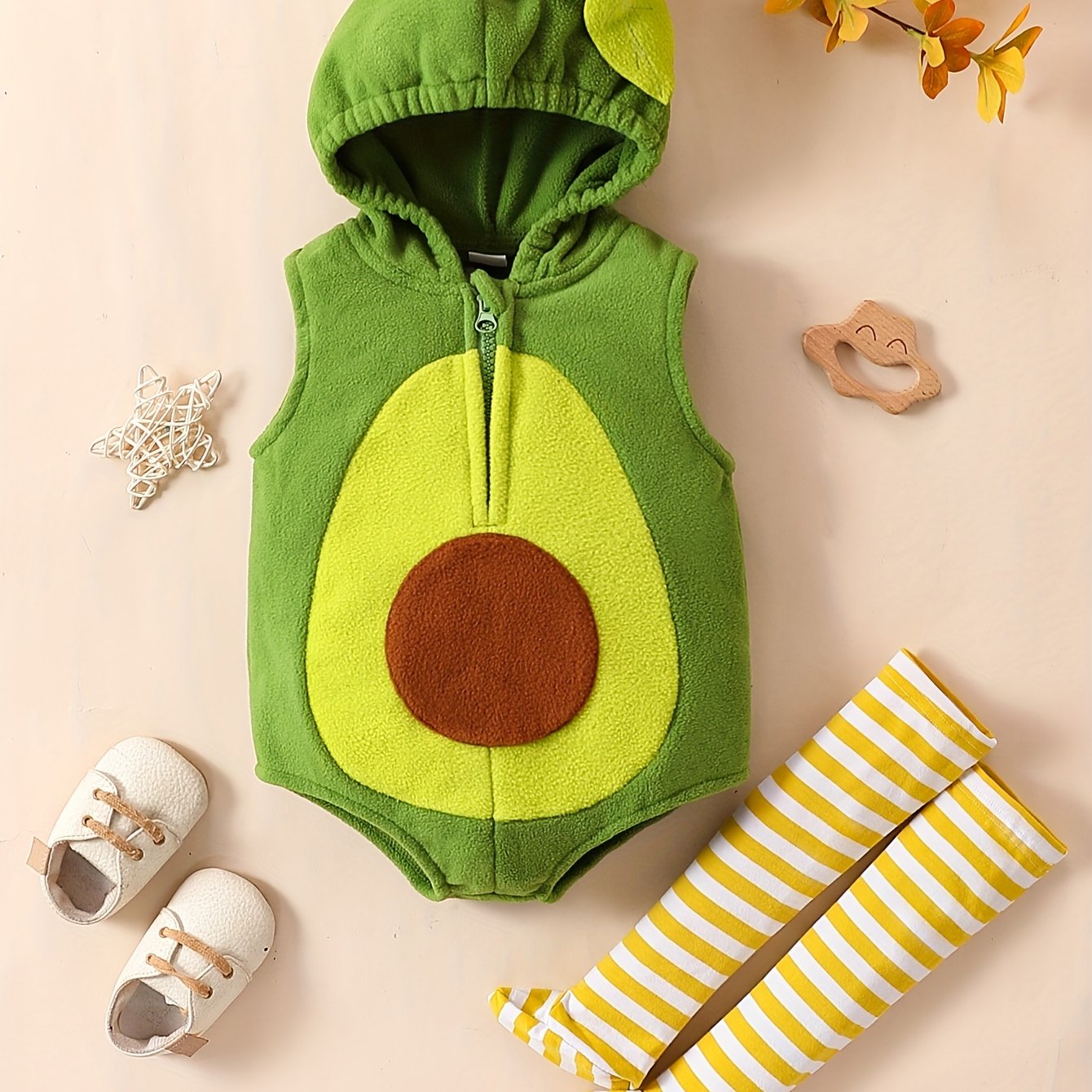 Baby & Avocado - Cute Green & Brown Fruit-Themed Romper with Full-Zipper Closure, Sleeveless Outfit for &, Spring/Fall Photo Shoots, Party Wear, Easy-Care Baby Clothes, Perfect for Outdoor