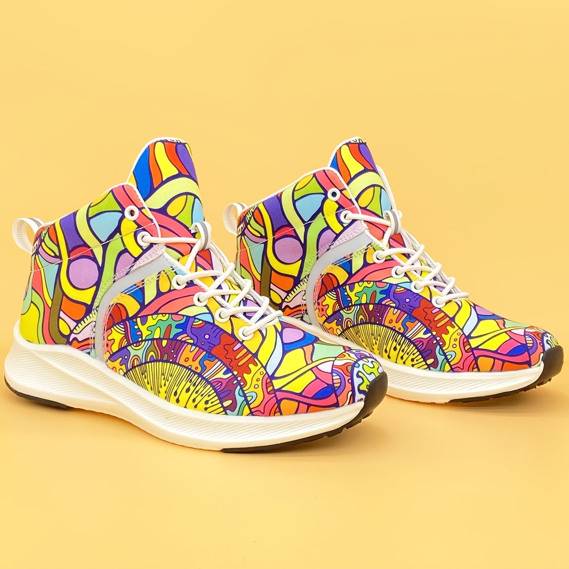 [Reflective Sneakers] Lightweight, Reflective Women's Hand-Painted Cartoon Print High-Top Sneakers | Lace-Up Casual Shoes with Soft Fabric Upper & EVA/Rubber Sole for North American & Mexican Fashion - Winter-Ready