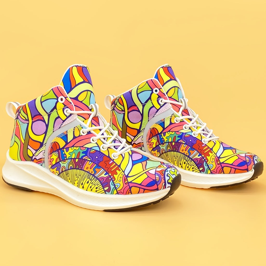 [Reflective Sneakers] Lightweight, Reflective Women's Hand-Painted Cartoon Print High-Top Sneakers | Lace-Up Casual Shoes with Soft Fabric Upper & EVA/Rubber Sole for North American & Mexican Fashion - Winter-Ready