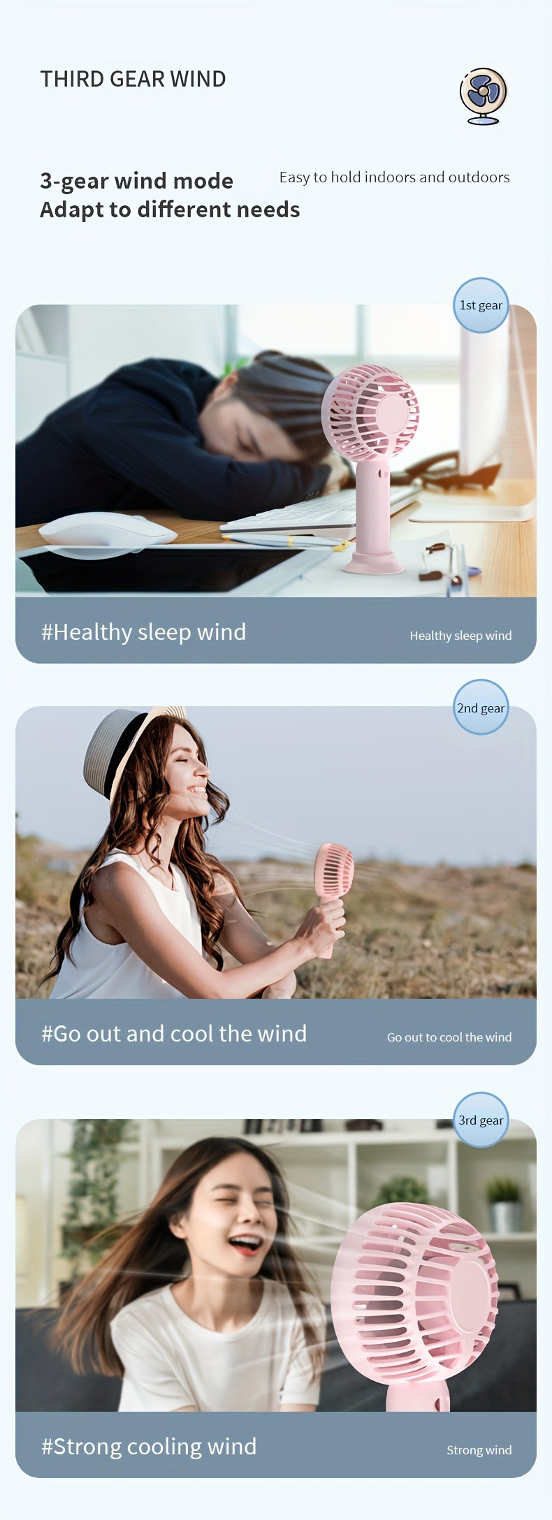 Small Fan, Handheld Portable Fan With LED Light, USB Rechargeable, Long-lasting Battery Life, Silent, Suitable For Office Desktop