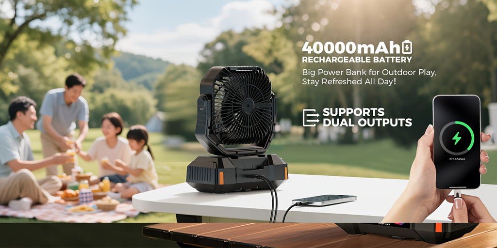 40000mAh Portable LED Camping Fan with Built-in Light - USB Rechargeable Outdoor Cooling Fan Tent, Hiking, Fishing - Sturdy And Compact Design, Green And Orange, Essential for Hiking, Sturdy Handle Function, Camping Accessory