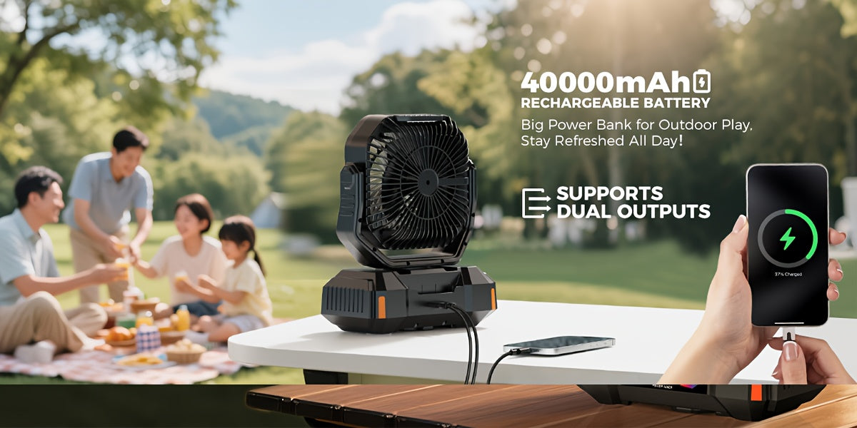 40000mAh Portable LED Camping Fan with Built-in Light - USB Rechargeable Outdoor Cooling Fan Tent, Hiking, Fishing - Sturdy And Compact Design, Green And Orange, Essential for Hiking, Sturdy Handle Function, Camping Accessory
