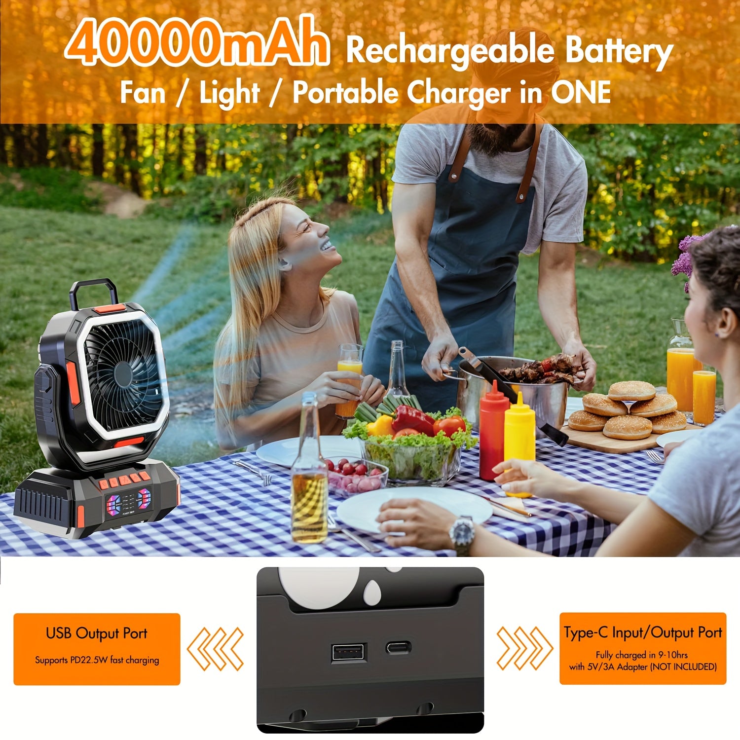 40000mAh Portable LED Camping Fan with Built-in Light - USB Rechargeable Outdoor Cooling Fan Tent, Hiking, Fishing - Sturdy And Compact Design, Green And Orange, Essential for Hiking, Sturdy Handle Function, Camping Accessory