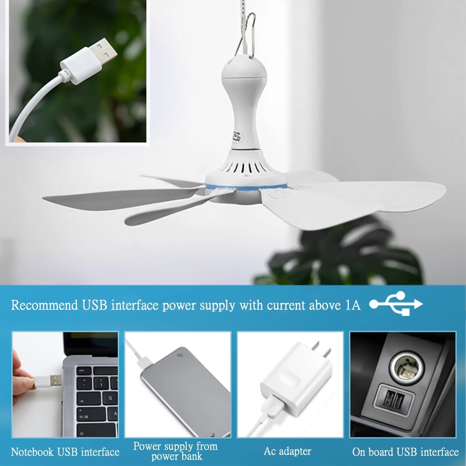 6-Blade Quiet USB Ceiling Fan - Portable Hanging Mini Fan with Remoteless Design for Camping, Dorms, Tents - Compact & Powerful Cooling with USB-Powered 6-Blade Fan, Dorm Room Cooling, Minimalist Fan, Portable Fan