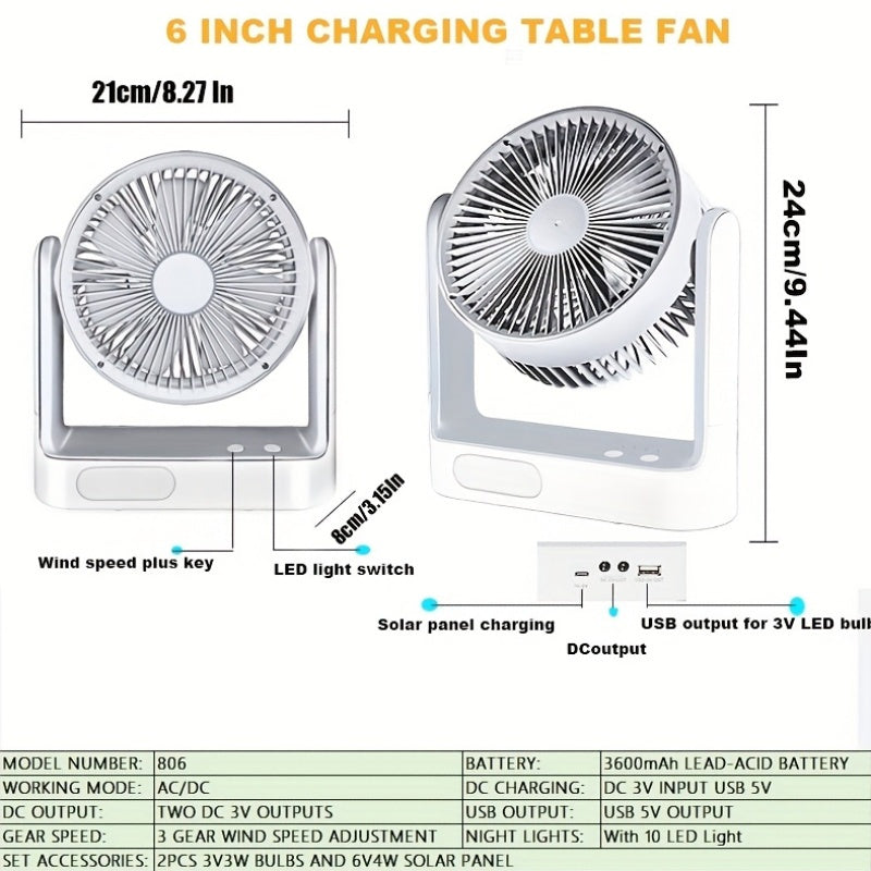 [Solar Powered, 3 Speeds Fan] 10 LED Light Solar Powered Portable Fan - 3 Speeds Rechargeable Camping Table Fan with Timer, Floor Fan