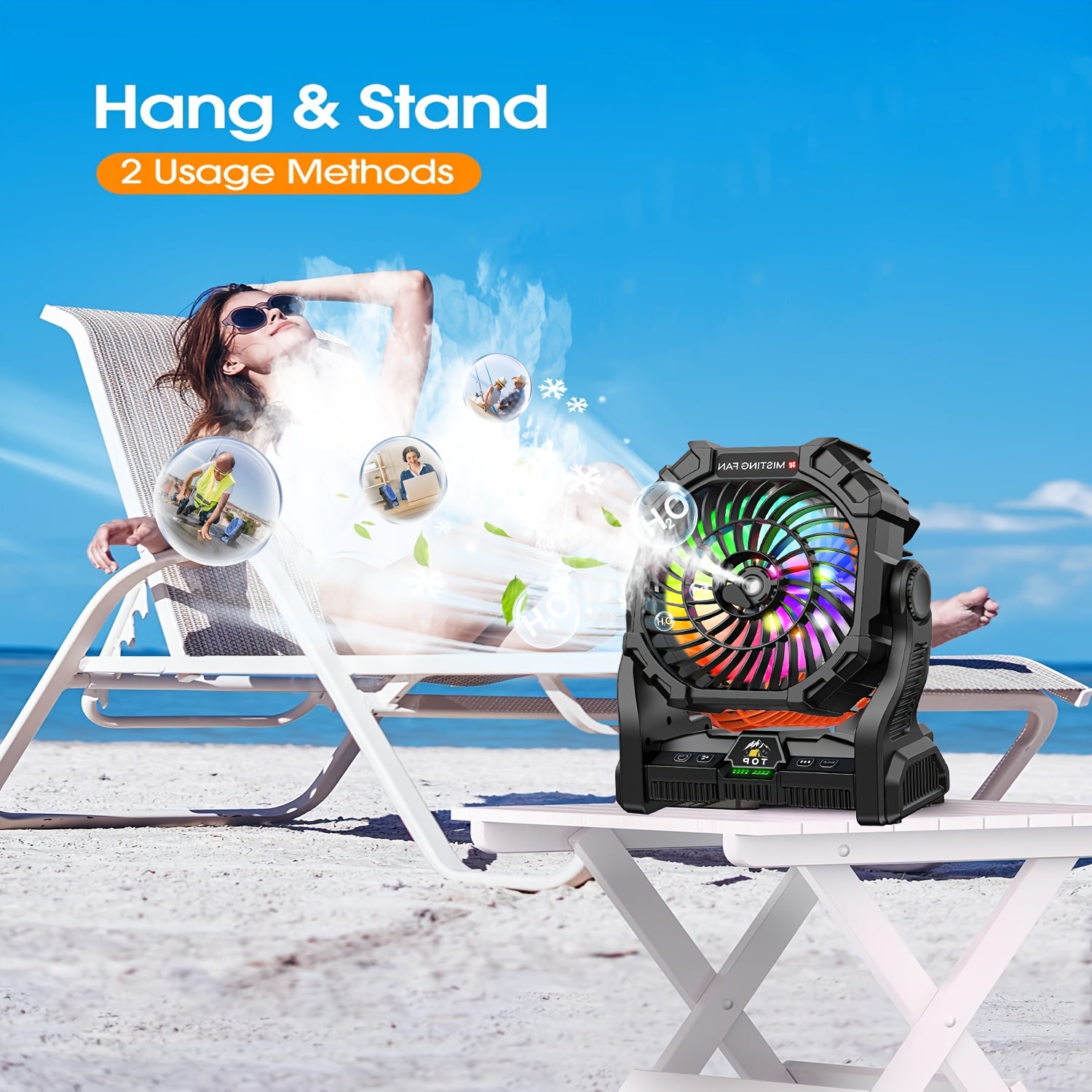 [Portable Spray Fan] 20,000mAh Portable Spray Fan with LED Mood Light & Timer - USB Rechargeable, 3 Spray Modes, 3 Speeds, 2 Timers, 2 Modes for Camping, Hiking, Outdoor, Bedroom, Living Room - Durable Plastic, Polished Finis