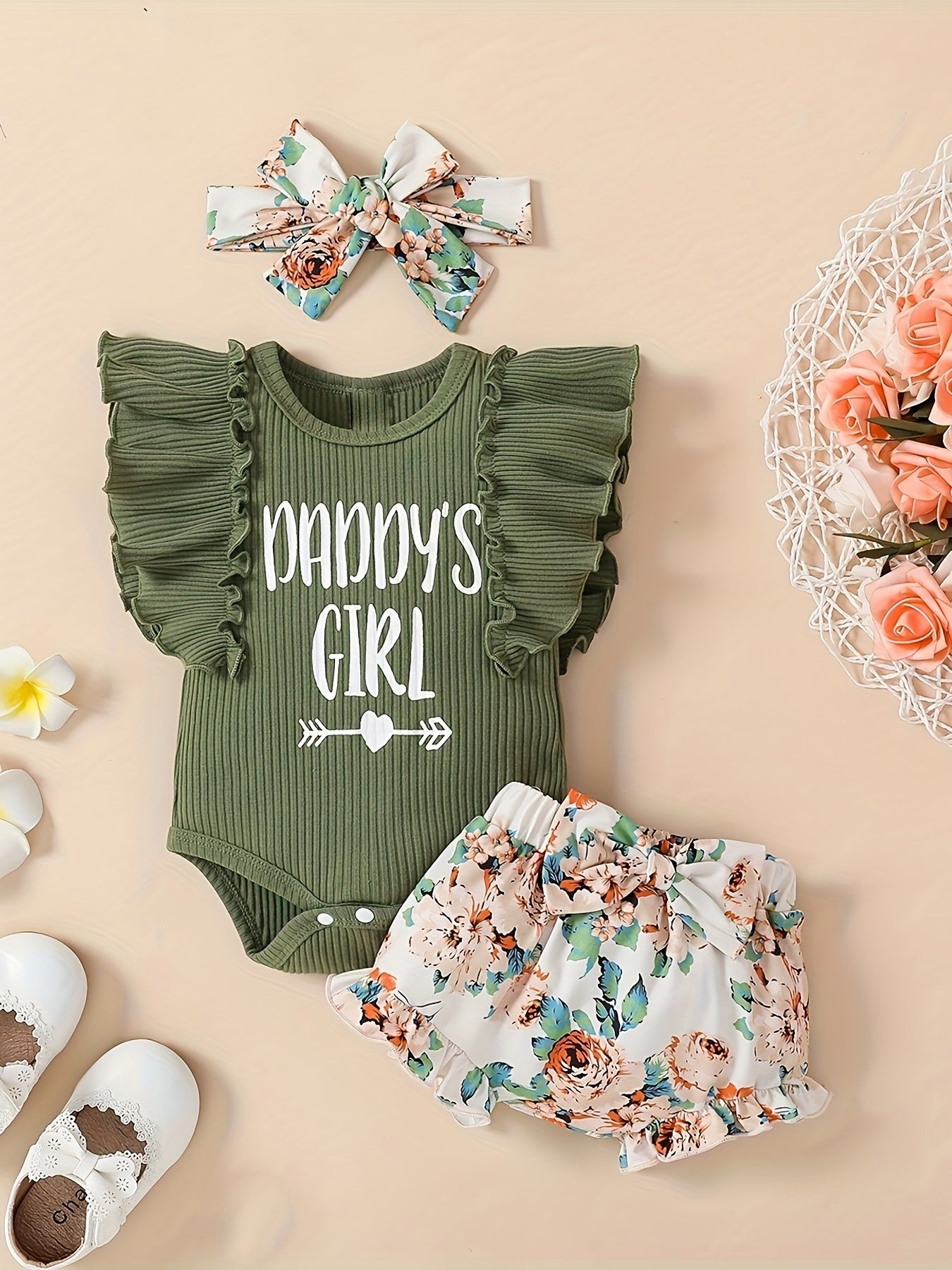 Happy's Girl Clothes Girl Newborn Baby Girl Outfits Short Sets, Sleeve Ribbed Romper Floral Shorts Clothes, Perfect for Outdoor,  Casual Baby Clothes, Floral Print, Cute Baby Outfits, Comfortable Fit, Breathable Material, Sho