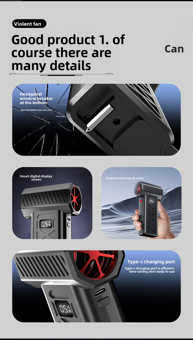 200W High-Power Portable Turbofan Fan with 155km/h Airflow, 6000mAh USB Rechargeable Battery, Ergonomic Handle & Compact Design for Camping, Car, Computer Cleaning, Dust/Snow Removal - Indoor/Outdoor Use, Portable Fan, Campin